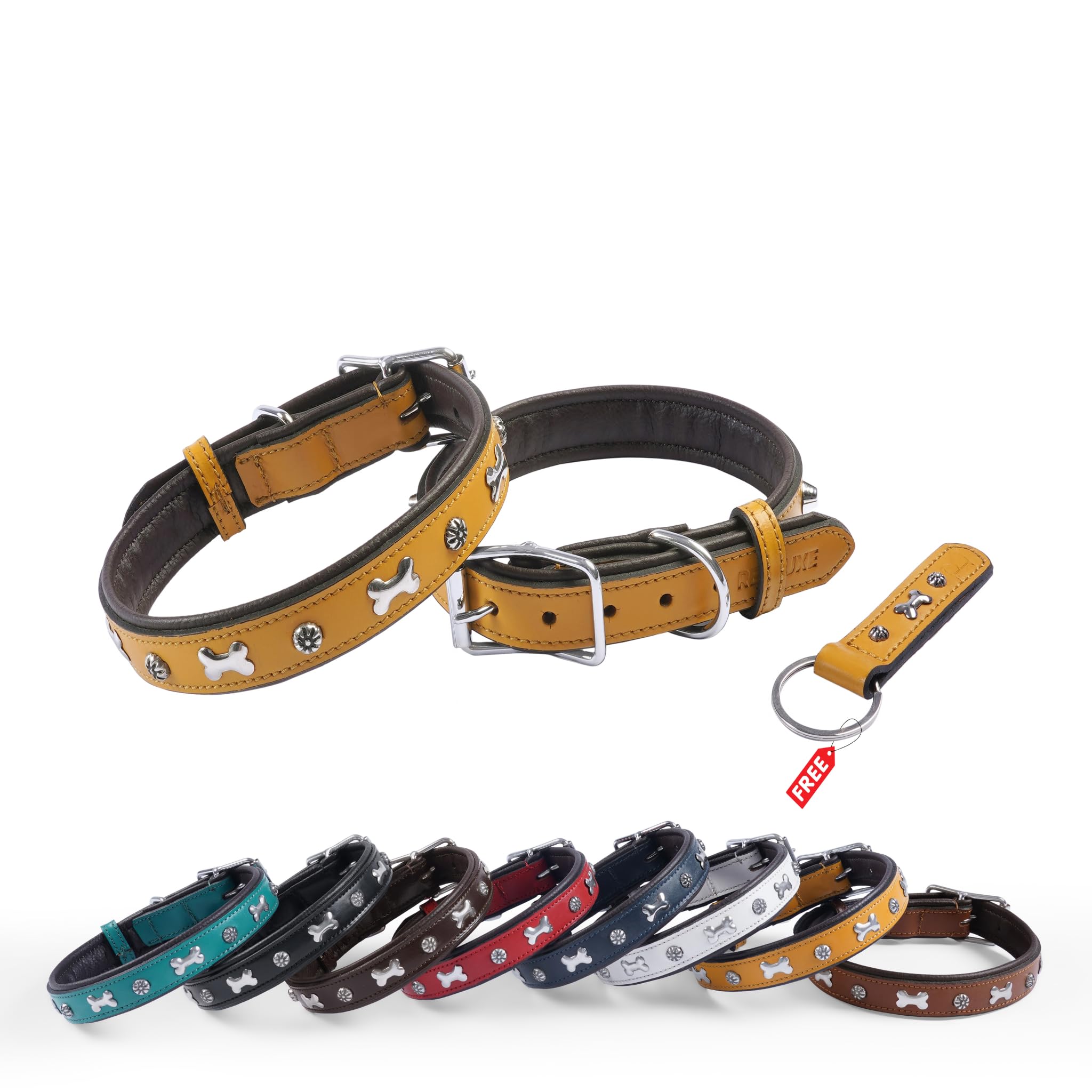 REDLUXE Genuine Leather Dog Collar with Bone Stud Design, Soft Padded Adjustable Pet Collar for Small, Medium & Large Dogs, Heavy Duty Metal Buckle & D-Ring,Free Matching Keyring (YELLOW, XL)