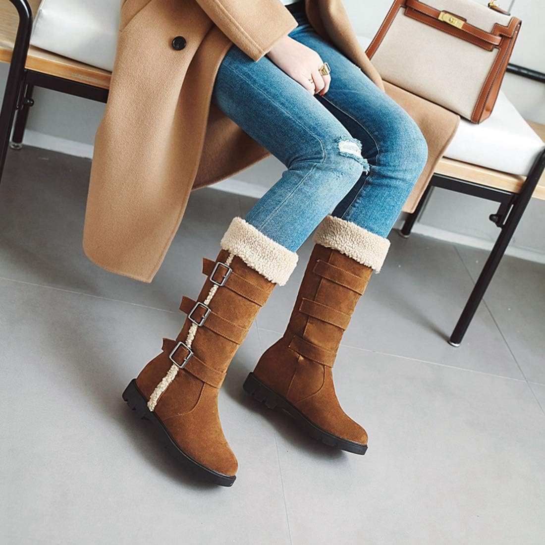 VOKLIN Women's Winter Fur Mid Wide Calf Snow Boots Waterproof Suede Buckle Slip On Quilted Warm Snow Boot