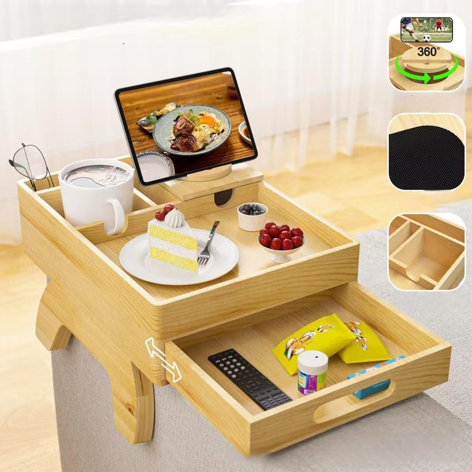 Bandeja para Reposabrazos para Sofá Flexible,Mesa Plegable para Reposabrazos De Sofá,DiseñO De Ranura para Tarjetas,con Soporte para Tazas,para Aperitivo Mandos A Distancia
