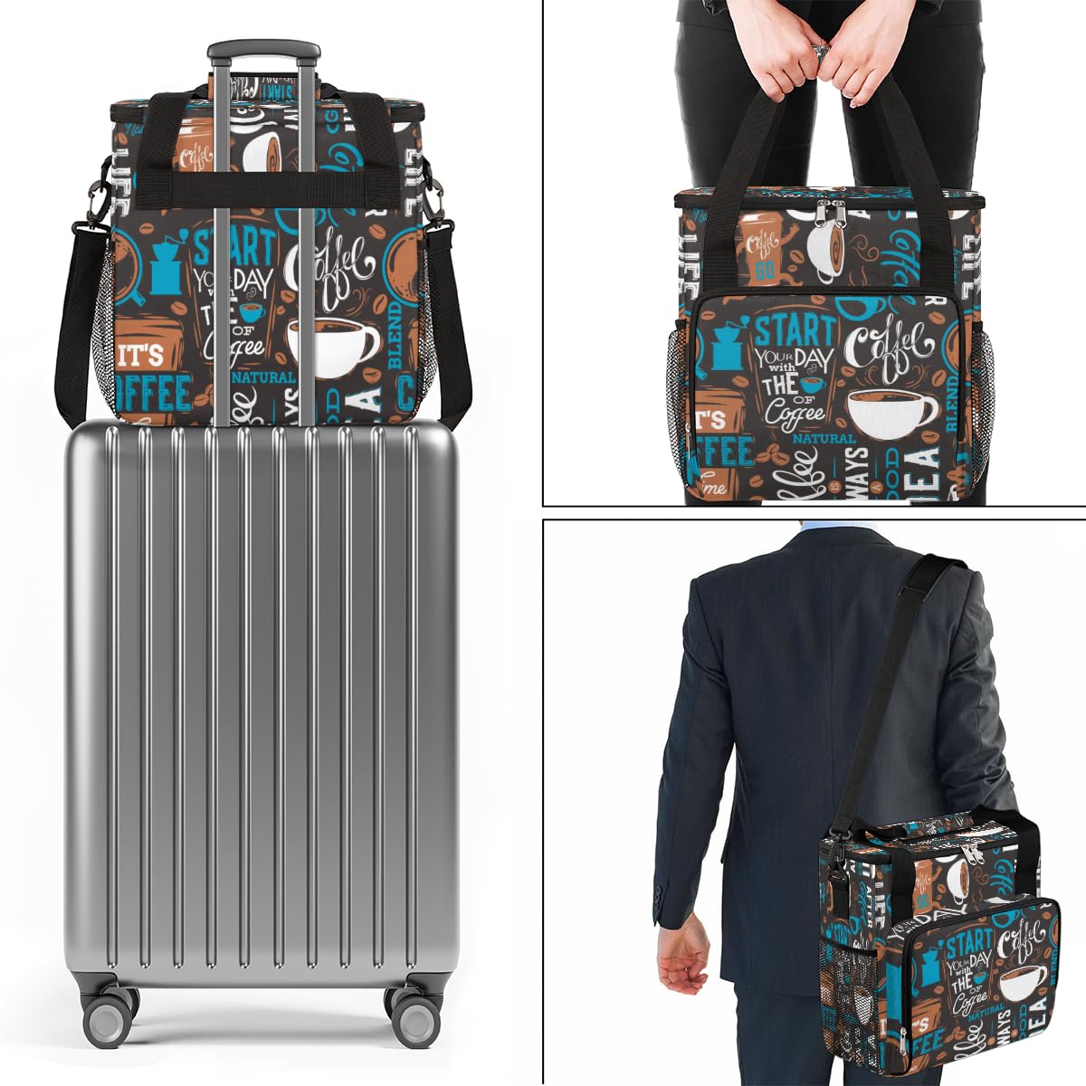 Blue Coffee Cafe - Bolsa de transporte para cafetera, bolsa de transporte de viaje, compatible con Keurig K-Mini o K-Mini Plus, funda portátil de una sola porción con bolsillos para cápsulas K-cup