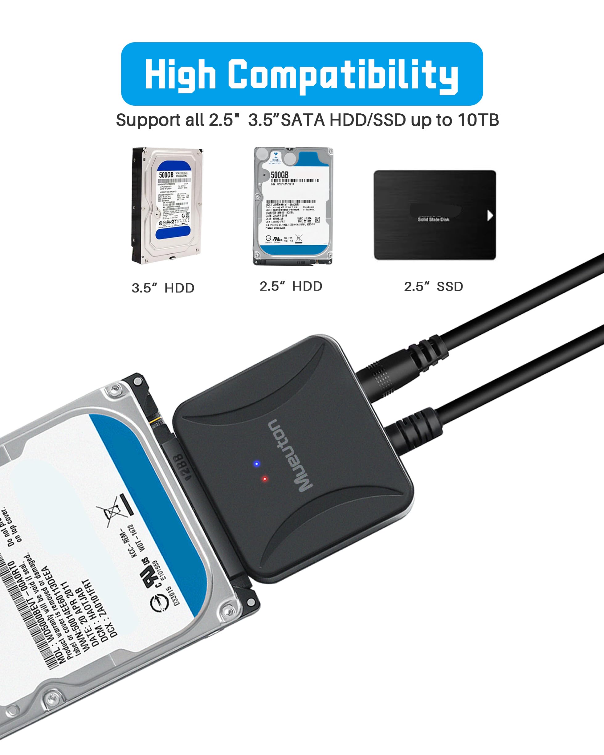 Adapter SATA USB, adapter USB na SATA, USB 3.0 do SATA III Hard Drive adapter do dysku twardego 2,5" 3,5" HDD/SSD i SATA Optical Drive z adapterem zasilania 12 V/2 A