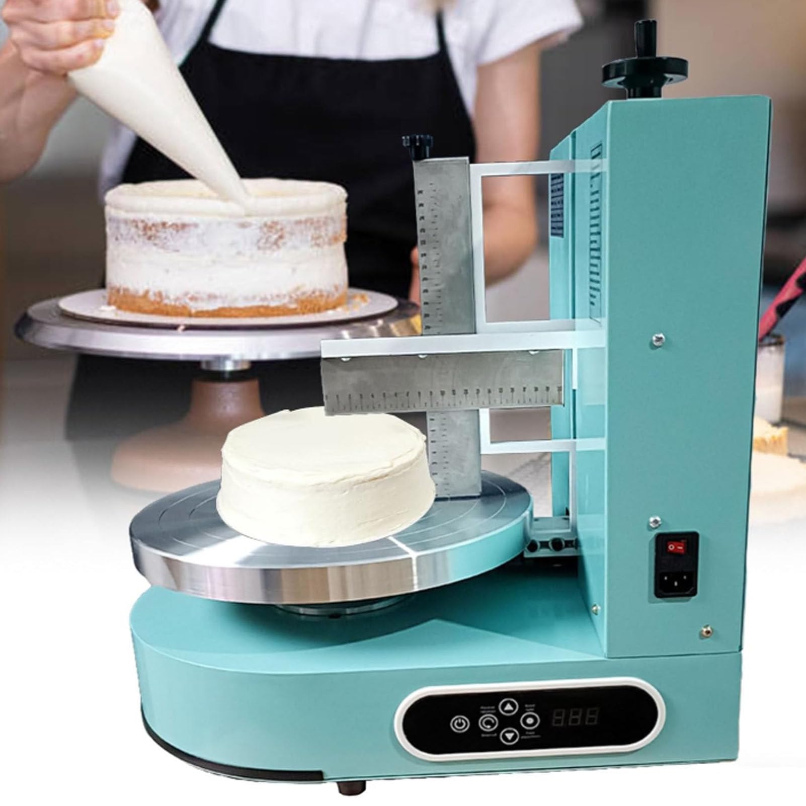 Máquina automática para extender crema para tartas, máquina de revestimiento para tartas de cumpleaños de 4 a 12 pulgadas con tocadiscos, raspador graduado y pantalla LCD