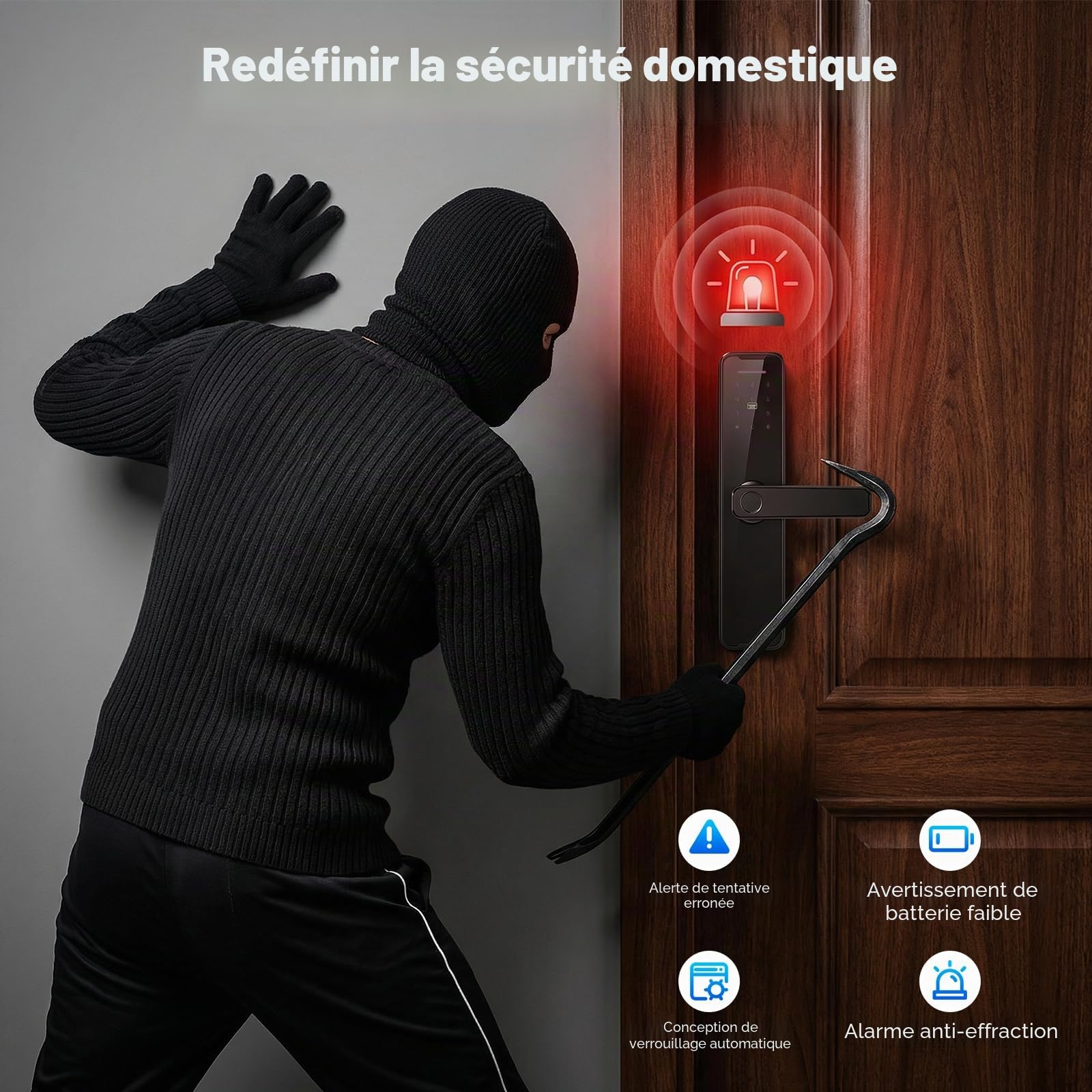 Serrure Connectée WiFi Empreinte Digitale 5 Méthodes Déverrouillage, TUYA App Carte Clé Code, Alarme Sécurité Anti-Effraction Porte 30-50mm Serrure Intelligente Avec Poignées