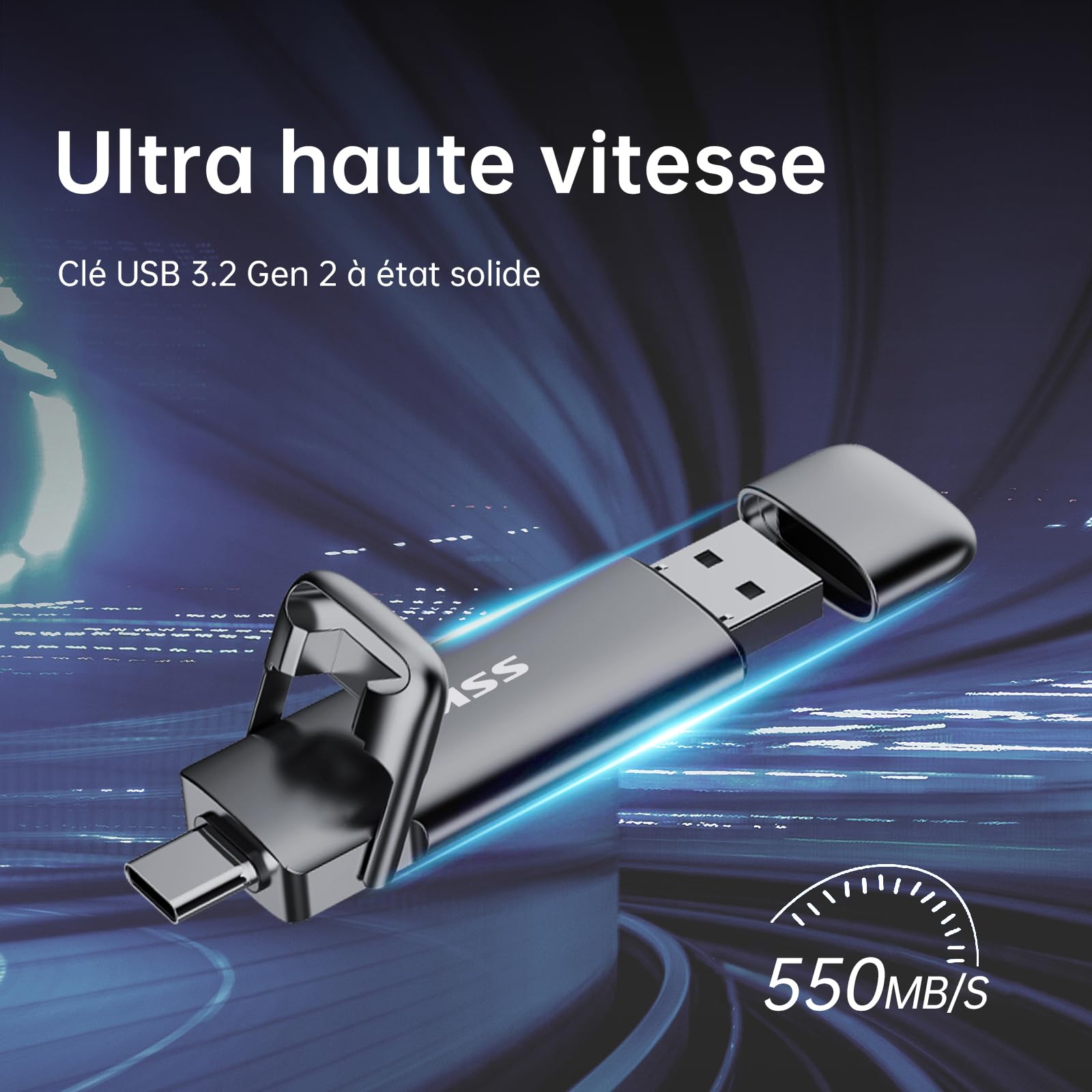 SSK SSD Externe 128 Go Disque Portable USB 3.2 Gen 2 550 Mo/s 2 en 1 OTG Clé USB A & Type C