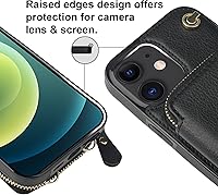 Vista 35 de Bocasal Funda tipo cartera cruzada para iPhone 12/12 Pro, funda de piel con bloqueo RFID y soporte para tarjetas, funda protectora con cremallera