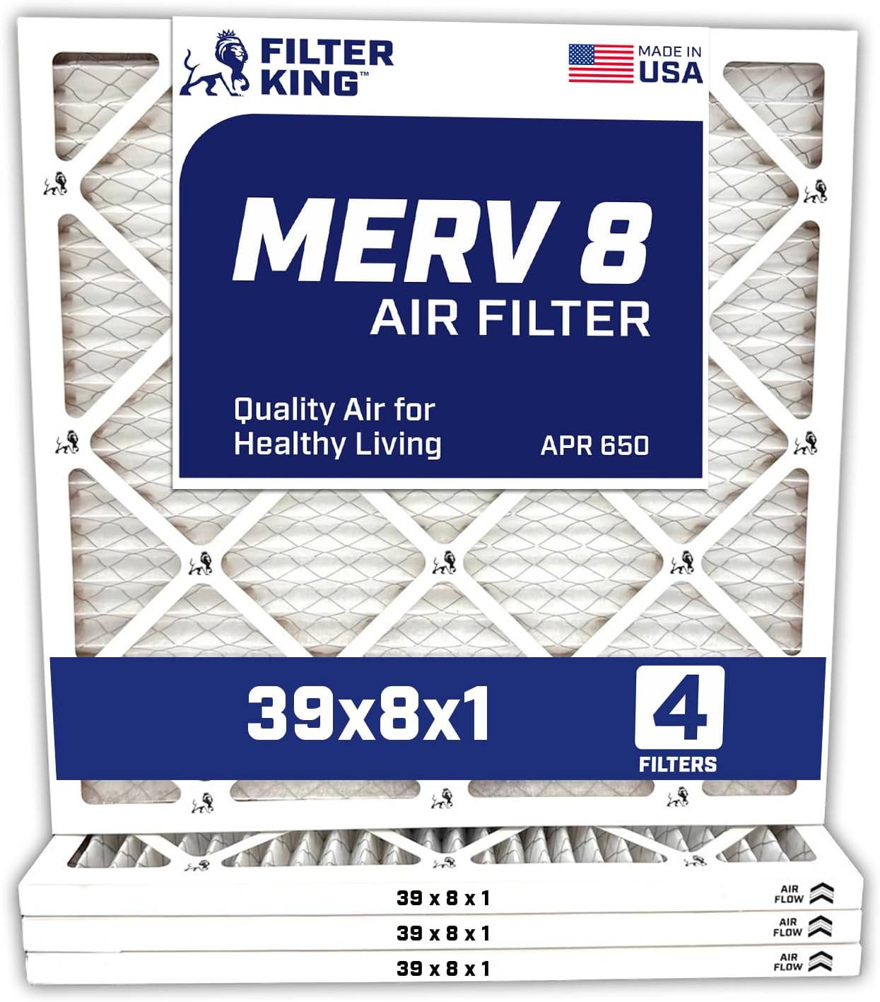 Filter King 39x8x1 Air Filter | 4-PACK | MERV 8 HVAC Pleated A/C Furnace Filters | MADE IN USA | Actual Size: 39 x 8 x .75"