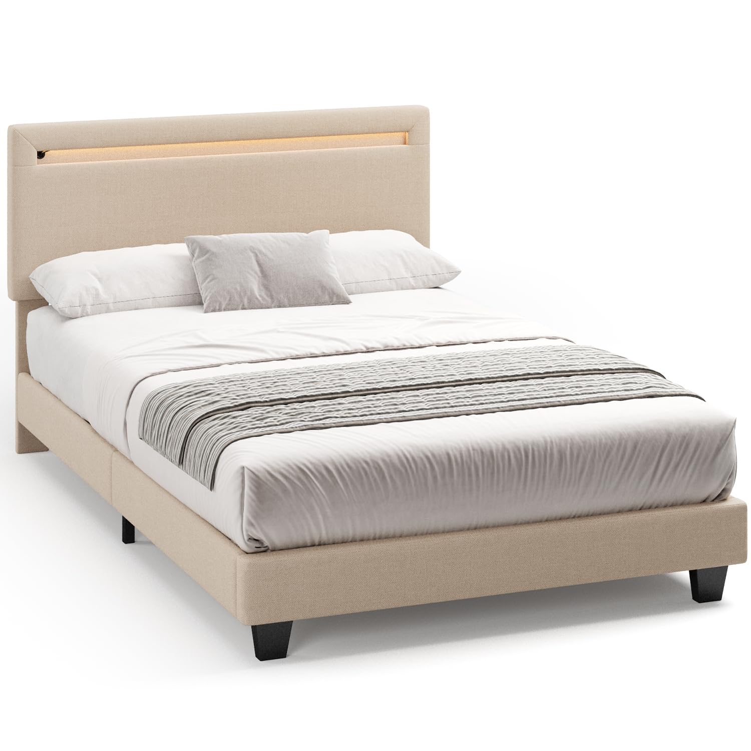 Cama Individual 120x200 cm con Iluminación LED Regulable y Esta, Cabecero Tapizado, Bastidor de Hierro Resistente, Ahorra Espacio, Ideal para Dormitorios y Habitaciones de Invitados, Beige