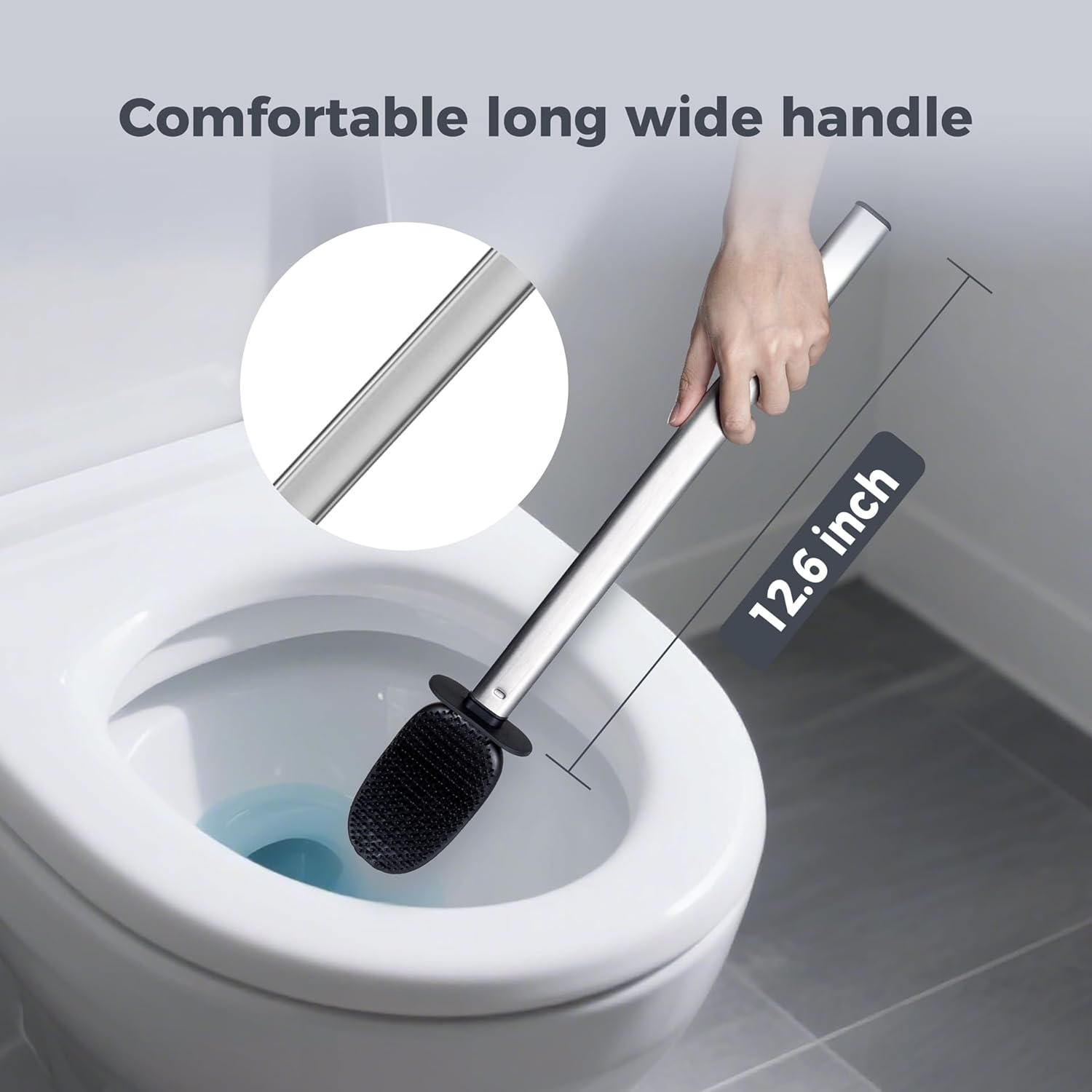 Silicone Toilet Brush Holder Set,TPR Toilet Bowl Brush with Long Stainless Steel Handle and Flexible Bristles,Deep Cleaning & No-Scratch Toilet Scrubber, Sleek Toilet Brush with Weighted Base (2, SS)