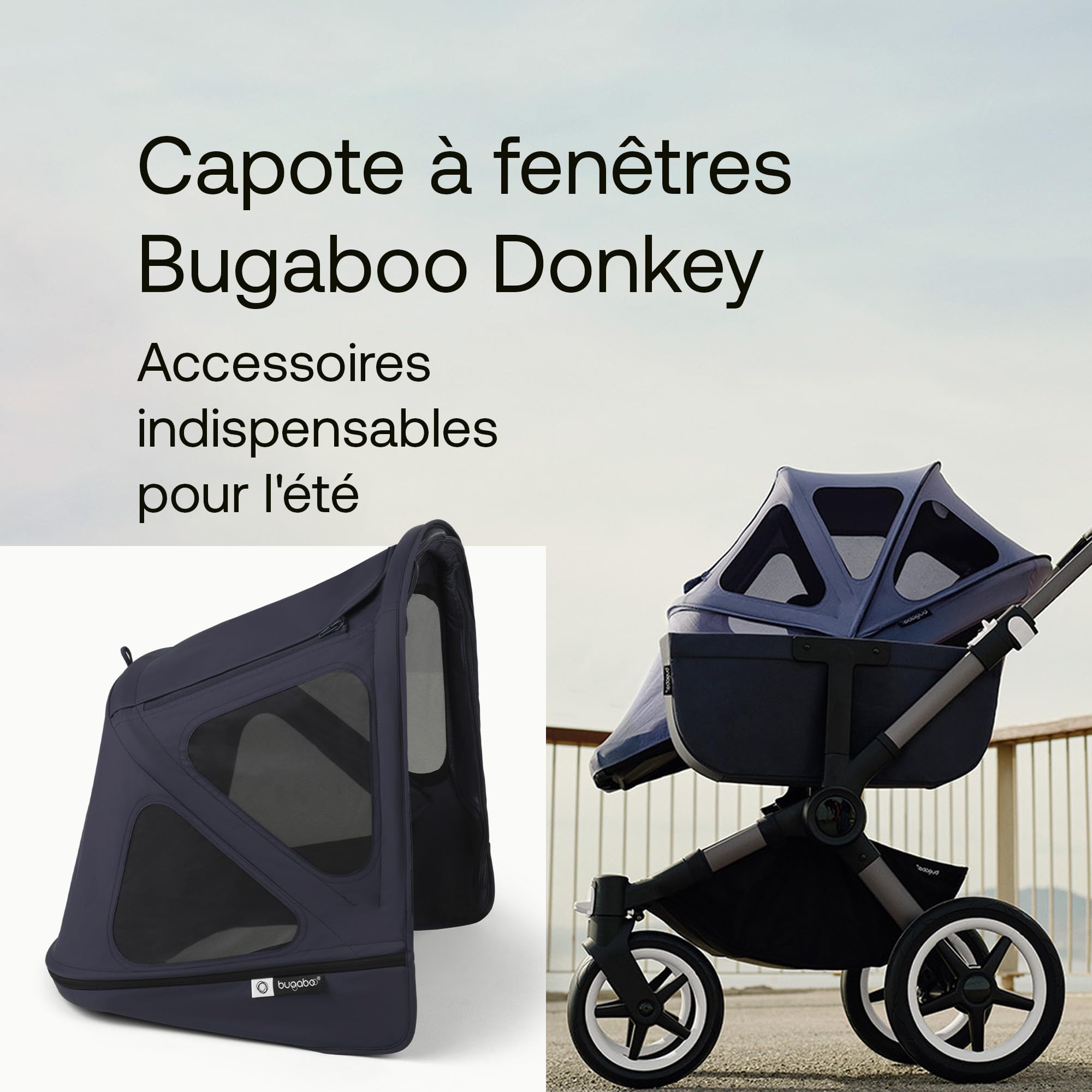 Capote à fenêtres Bugaboo Donkey, extensible pour une couverture supplémentaire et une protection solaire optimale, hydrofuge, compatible avec toutes les poussettes Bugaboo Donkey, Deep Indigo