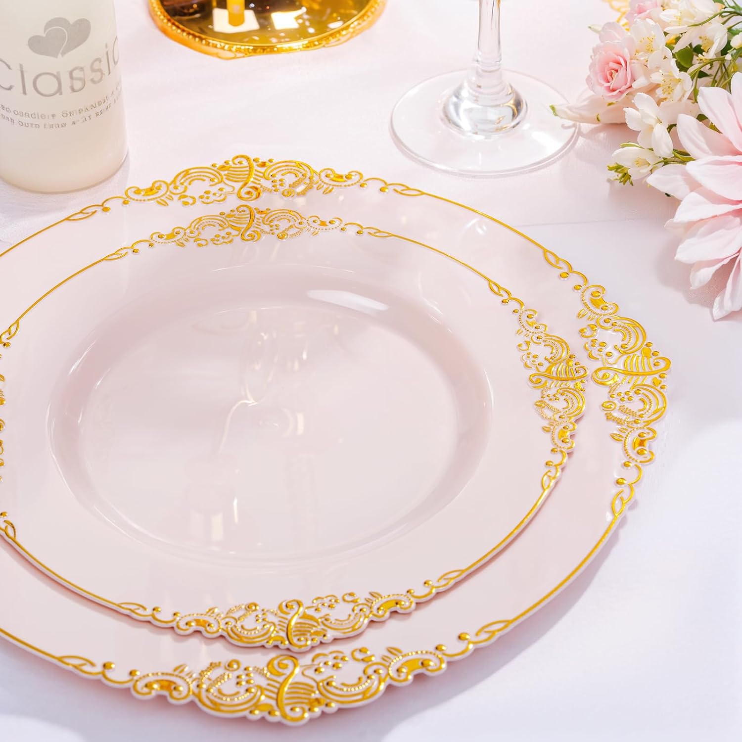 Nervure 150PCS Pink & Gold Tableware Set - 100PCS 7.5Inch Disposable Plates + 50PCS 12oz Plastic Bowls for Weddings, Parties & New Year
