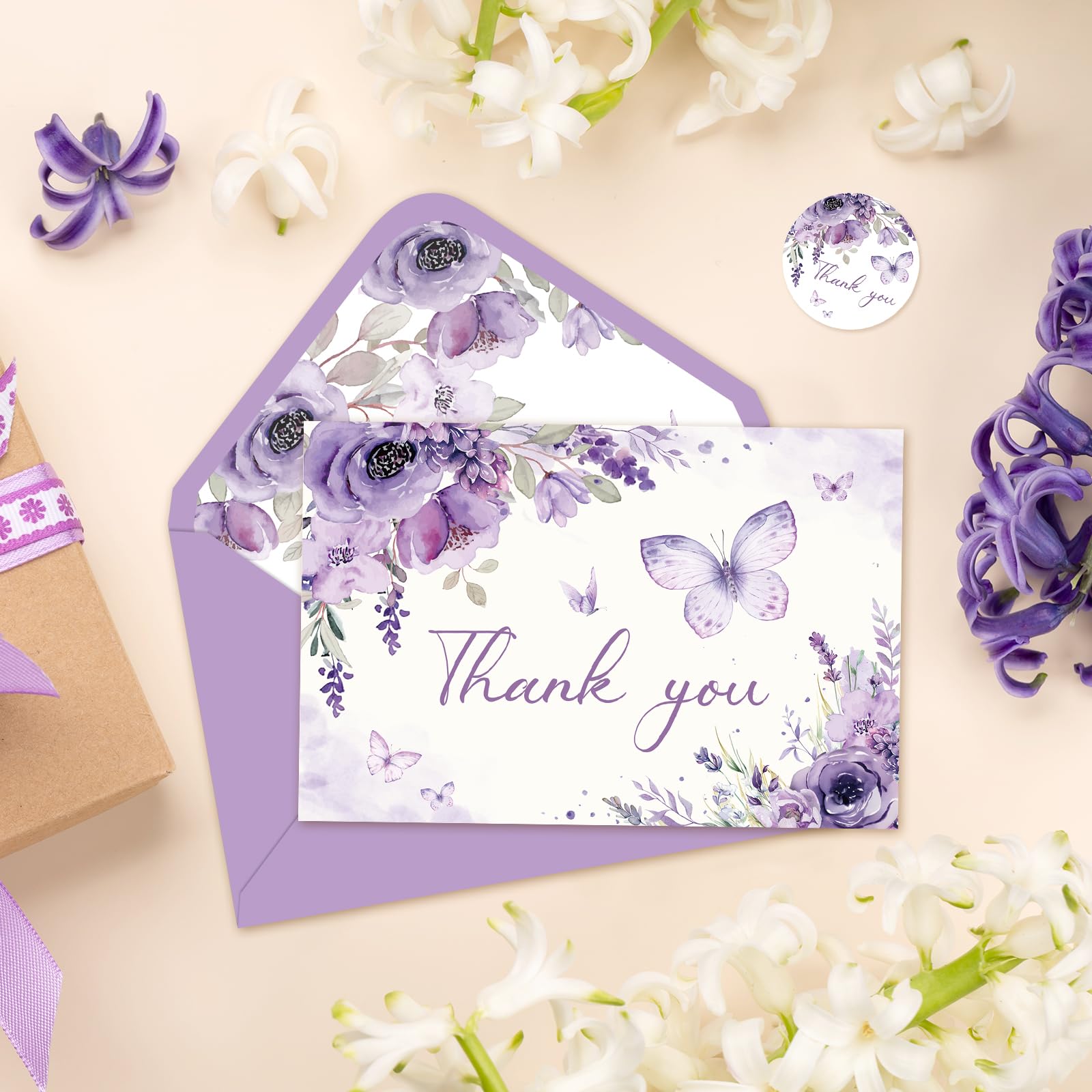 FYSUIMU Paquete de 30 tarjetas de agradecimiento florales moradas, acuarela, lavanda, mariposa, tarjetas de felicitación con sobres, calcomanías en blanco, tarjetas de notas en blanco para cumpleaños