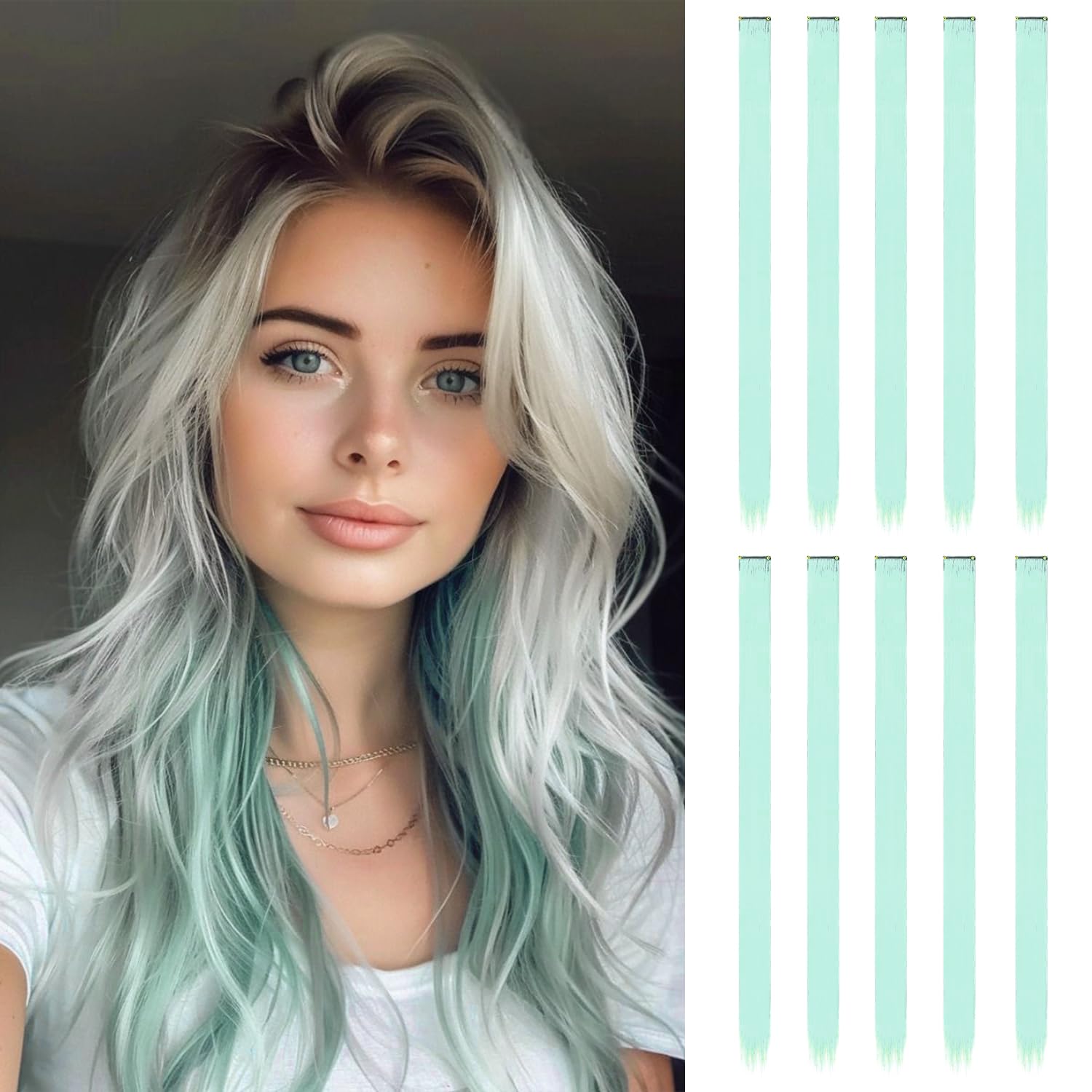 10 Pcs Hair Extensions, Mint green