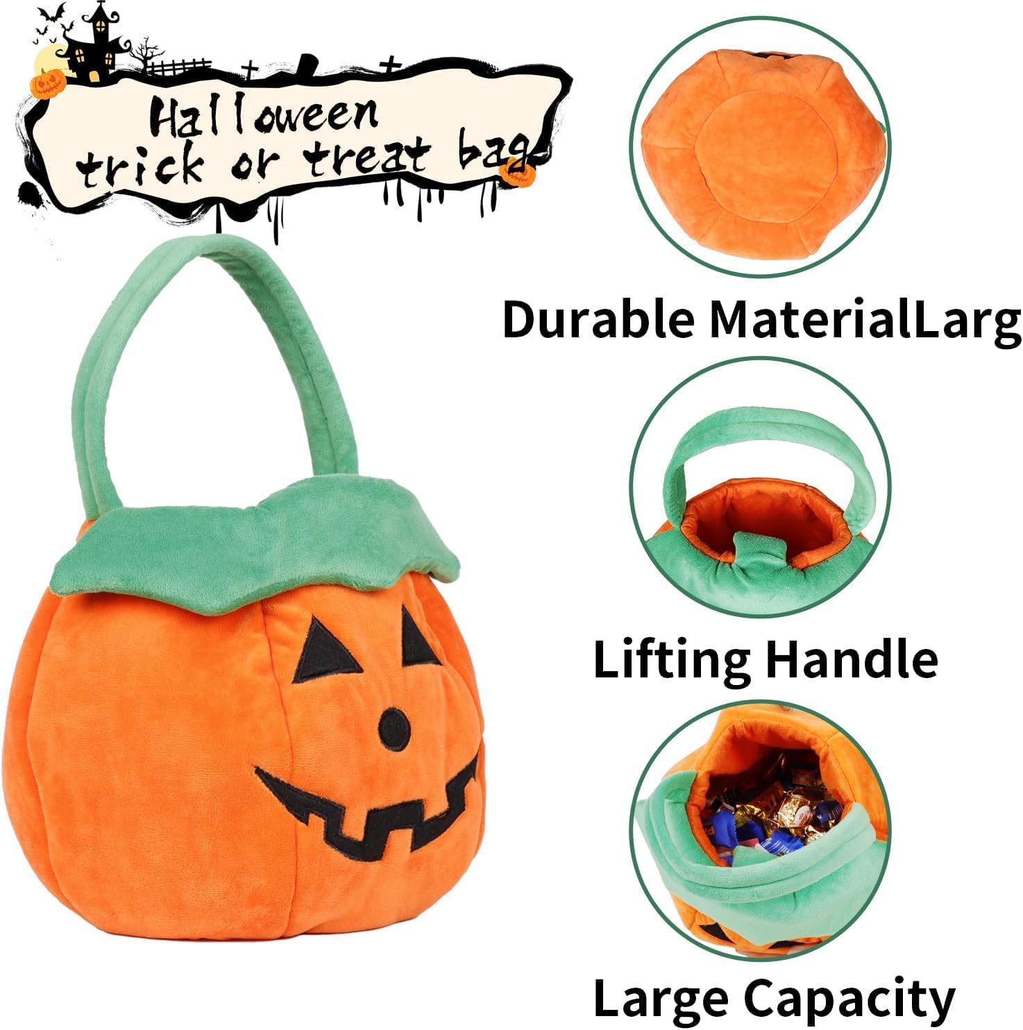 Halloween Trick or Treat Bags Orange Candy Bucket,12 * 10 inch Foldable Reusable Basket Gift for Party Supplies Pumpkin image 4