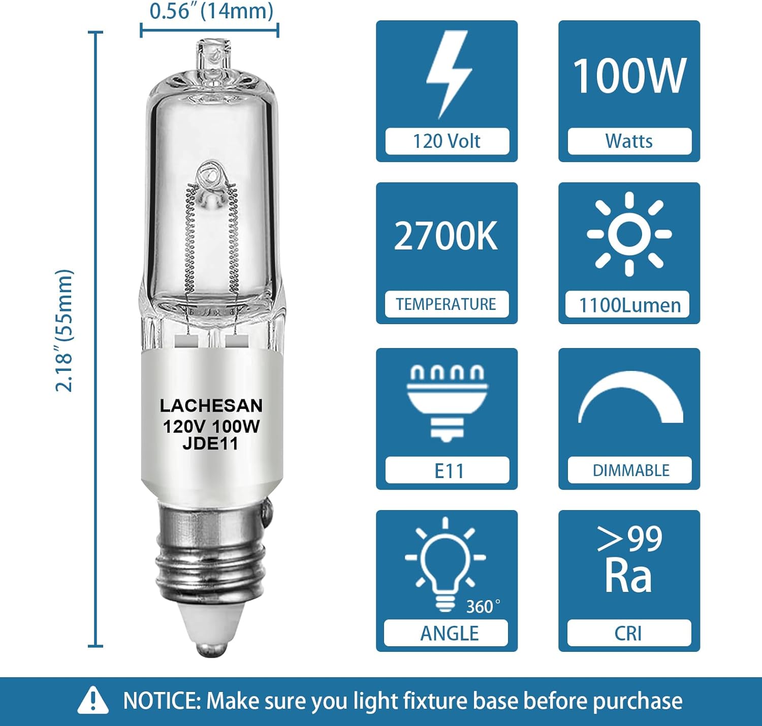 JDE11 120v 100w, 55mm E11 Halogen Bulb（Replacement E11 Led Bulb） T4 Mini Candelabra Base, 2700K Warm White Dimmable for Chandeliers, Ceiling Fan, Table Lamps, Cabinet Lighting, 4 Pack image 3 of 7 B0CN46XK2R