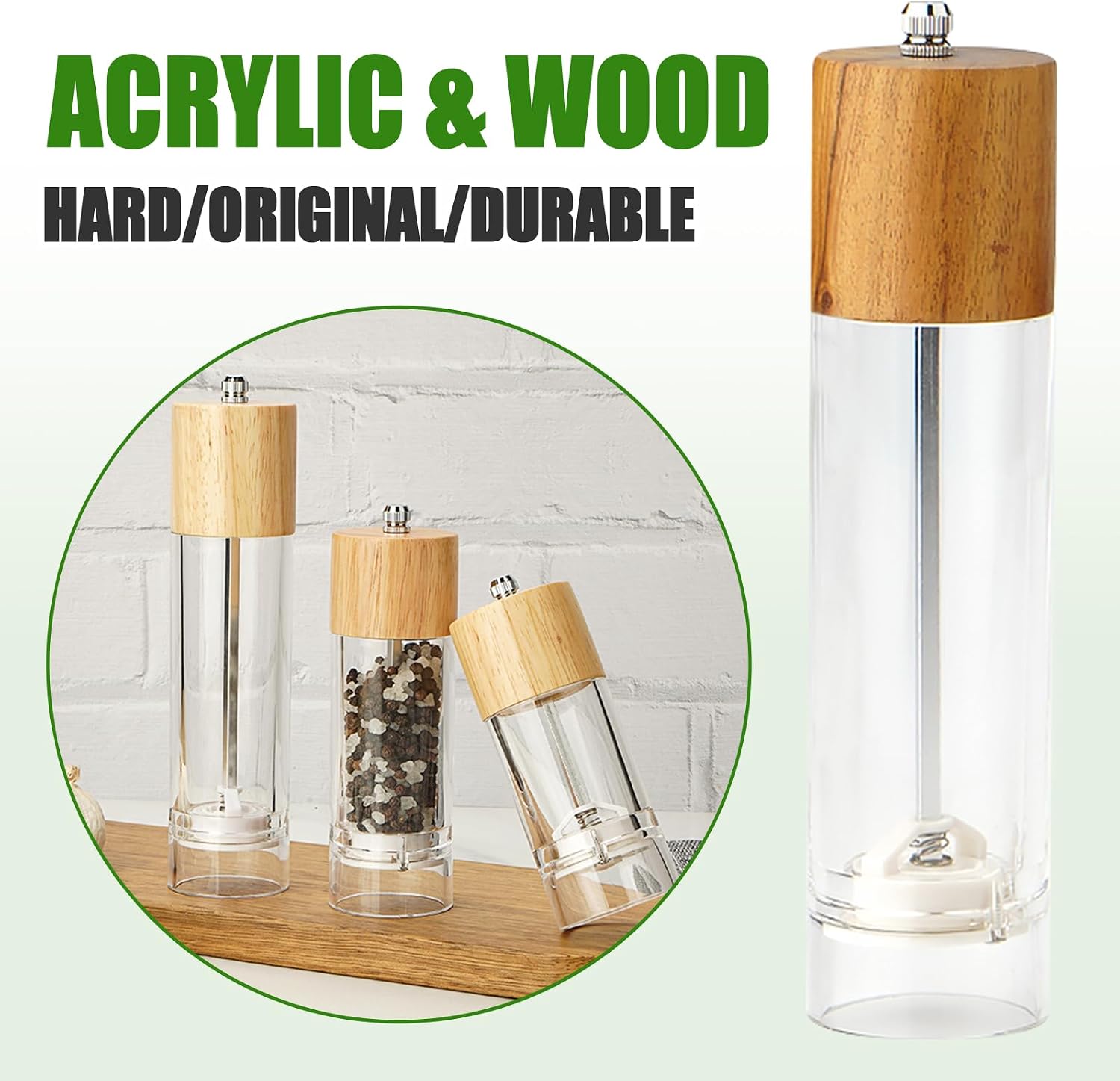 Premium Acrylic Salt and Pepper Grinder, Manual Acacia wood Salt and Pepper Mills (Oak6)