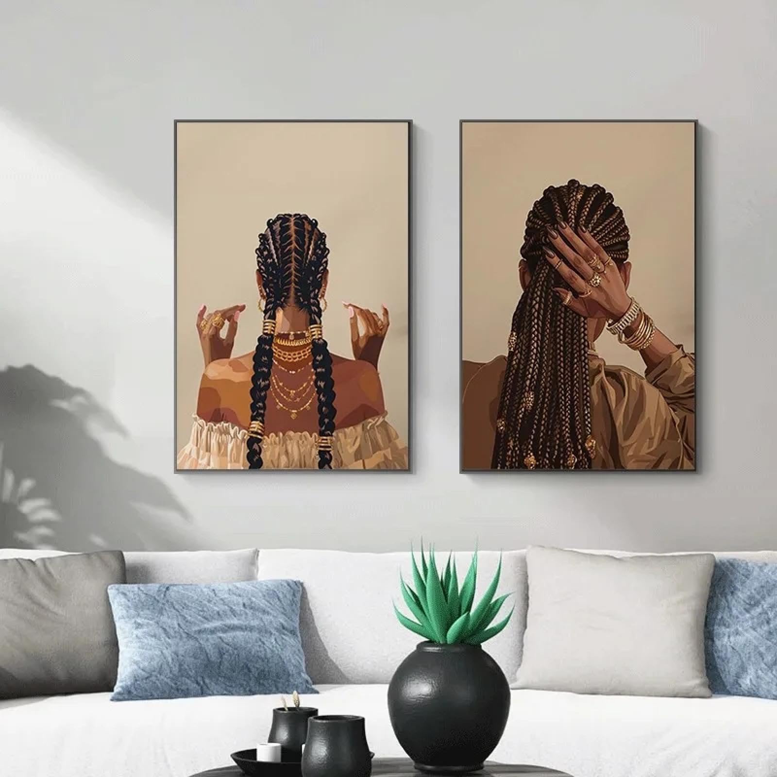 ZHAOLIN Póster de trenzas de mujer afroamericana con peinado de chica moderna y joyas doradas, lienzo para decoración del hogar, 60 x 90 cm x 3 cm, marco interior.