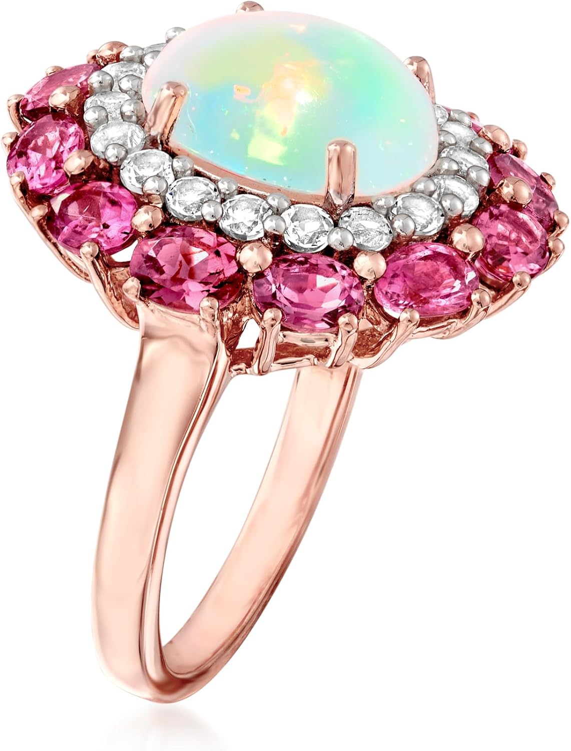 Ross-Simons Ethiopian Opal, 1.50 ct. t.w. Pink Tourmaline and .60 ct. t.w. White Topaz Ring in 18kt Rose Gold Over Sterling