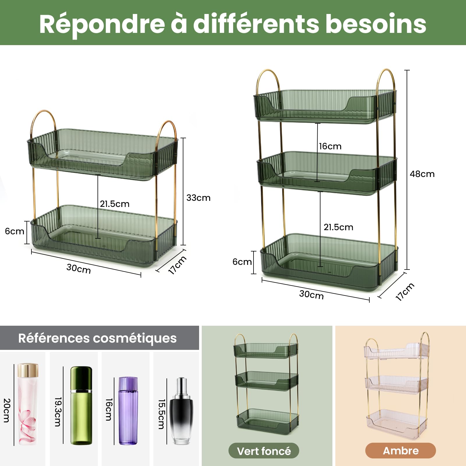Organiseur de Maquillage en métal Pet à 3 Couches - Rangement modulaire Multifonction avec Accessoires lavables pour Maquillage, Soins de la Peau et Parfum (Vert foncé, Deux Couches)