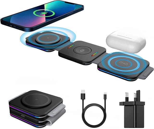 PINRUIGE Wireless Charger, 3 in 1 Wireless Charging Station Foldable Phone Charger Compatible with iPhone 14 13 12 11/Pro/Pro Max/SE/XR/XS/8 Plus/8, iWatch 8/7/6/SE/5/4/3/2, Airpods 2/3/Pro (Black)