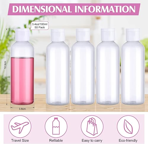 Miniatura 2 de Juego de 50 botellas de viaje de 3.4 onzas, botellas de plástico transparente rellenables con dispensadores de tapa abatible y 2 embudos para