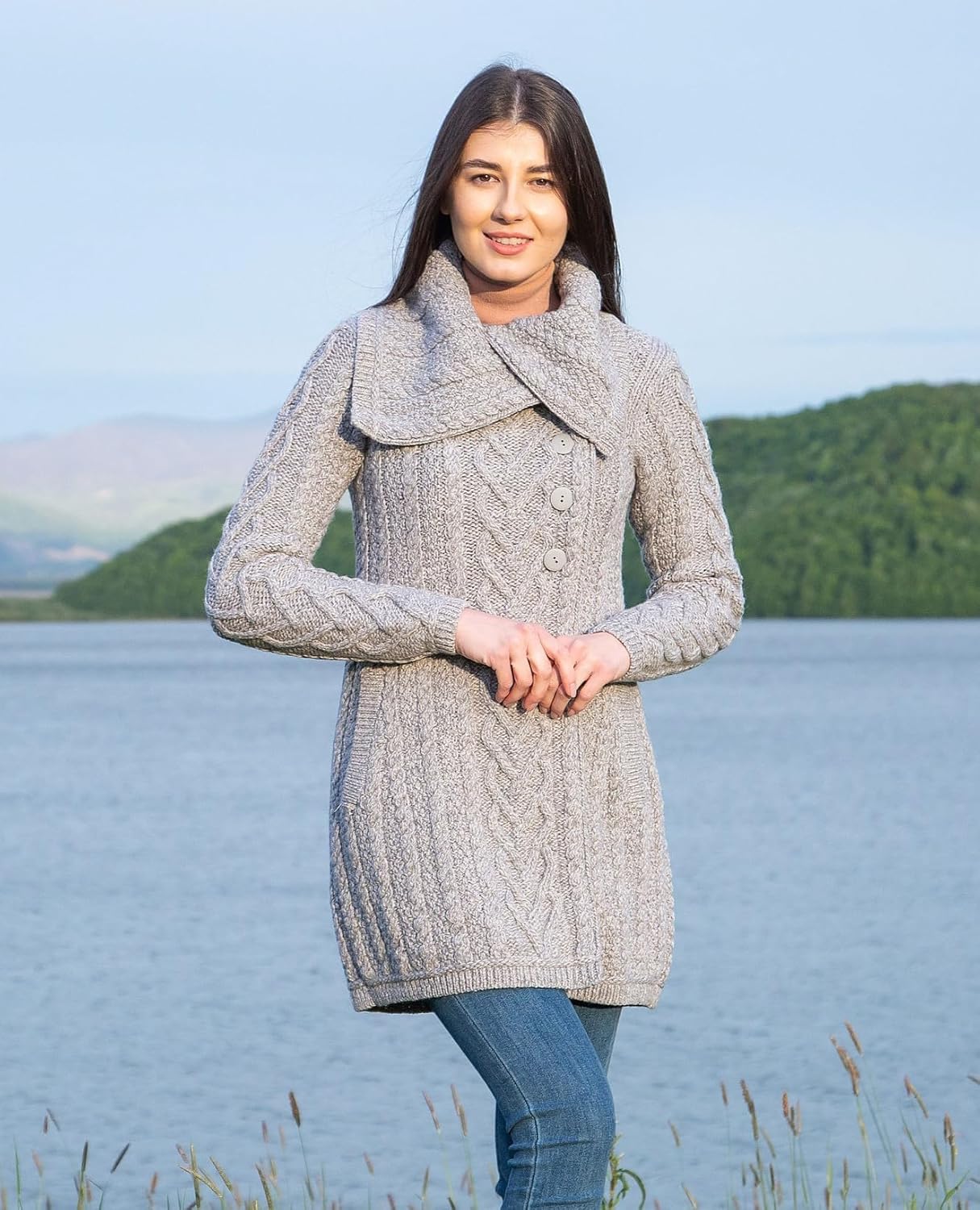 SAOL Women’s Coatigan – 100% Merino Wool Cable Knit Irish Cardigan with Pockets – Classic Warm Long Sweater Coat - Image 4