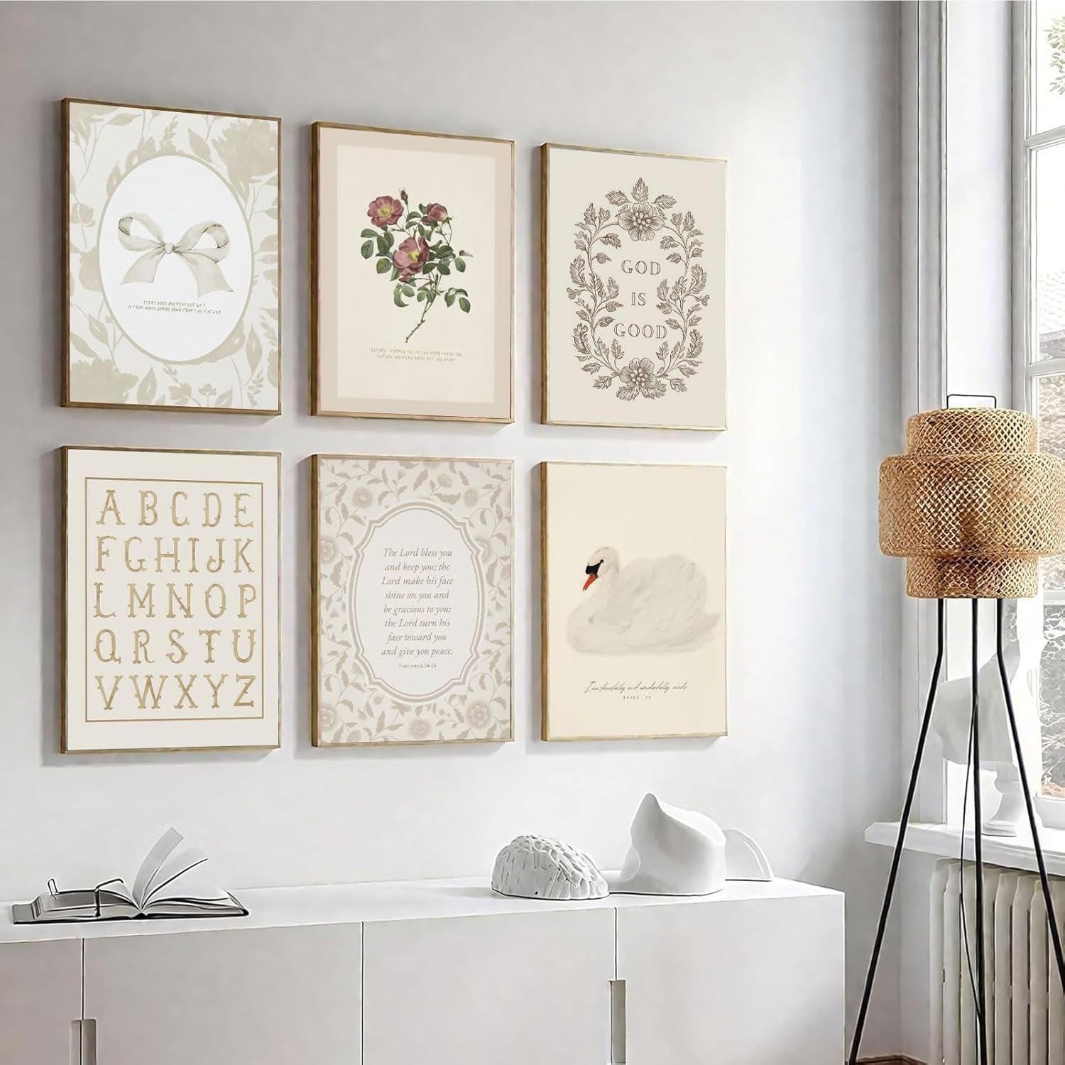 6Pcs Christian Nursery Poster Wall Art Cute Bible Verse Wall Decor Picture Vintage Scripture Floral Bow Posters Print for Kids Room Boy Girls Room Nursery Decoration Unframed