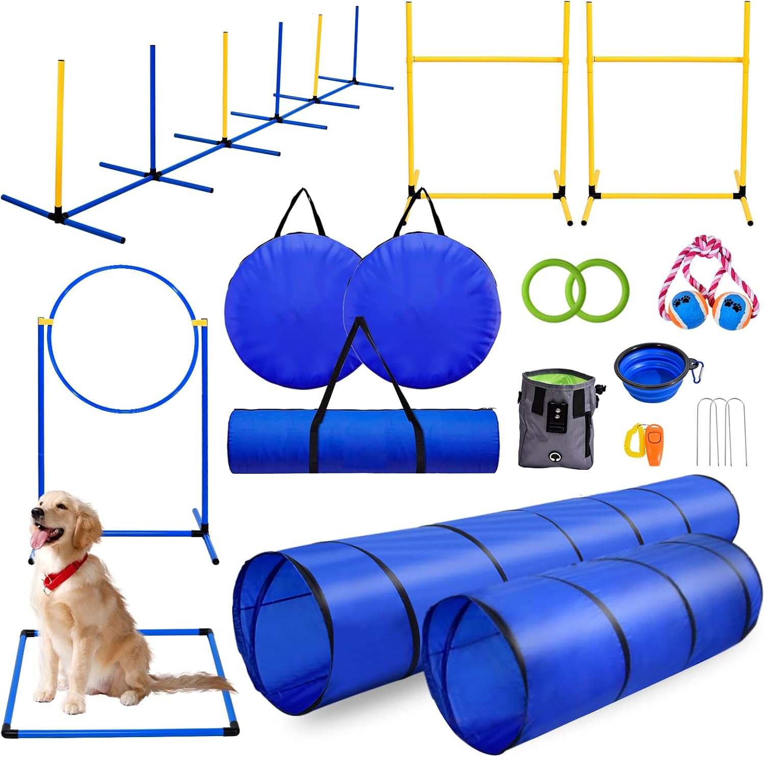25 Piece Dog Agility Training Equipment - Dog Obstacle Course Training Starter Kit with 9.8ft Tunnel, Agility Hurdle, Weave Poles, Jump Ring, Pause Box,Toy Balls, 4Storage Bag, Pet Game Outdoor Indoor