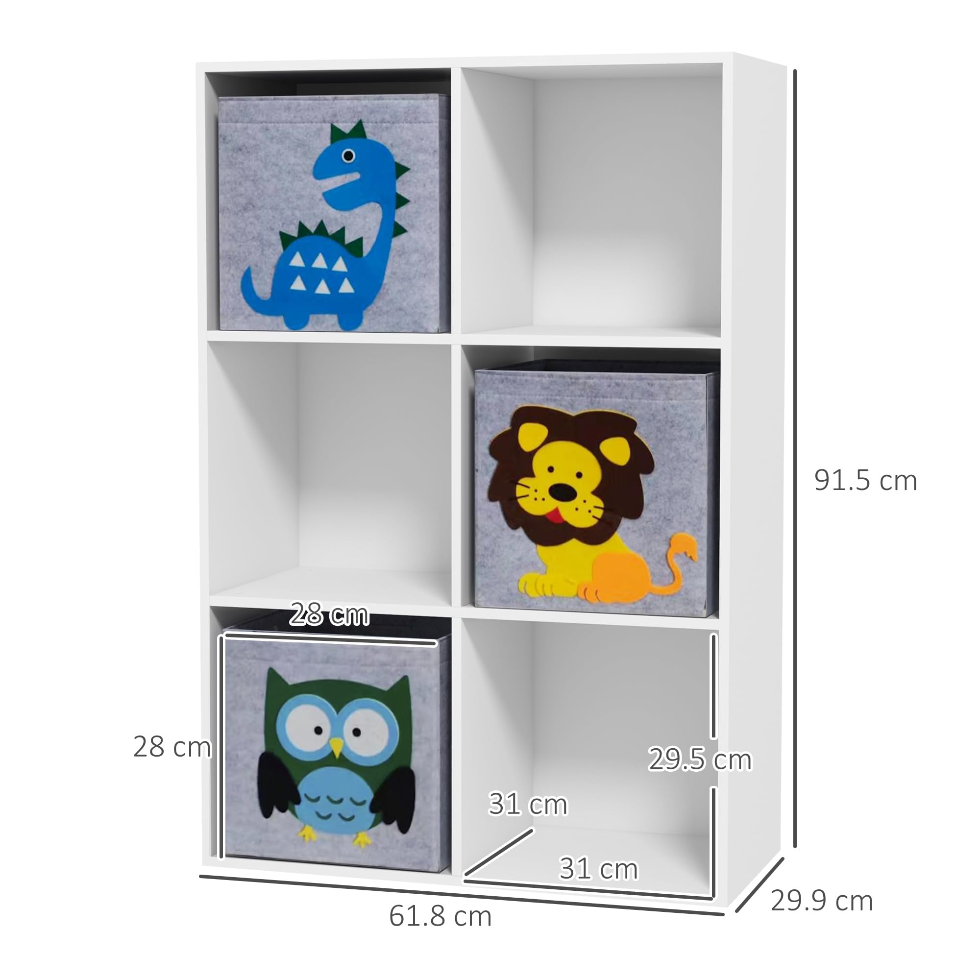 ZONEKIZ Scaffale Portagiochi per Bambini 3+ Anni a 6 Cubi in Tessuto non Tessuto, Mobiletto Portagiochi in MDF e Melamina, 61.8x29.9x91.5 cm, Grigio e Bianco