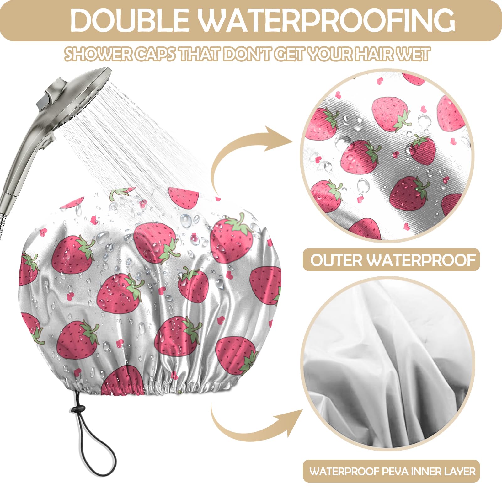 BHAHB 2 PCS Shower Cap Reusable Waterproof Double Layer Elastic Adjustable Hair Bath Caps Cute Aesthetic for Women Girls (V6-Pink) - Image 3