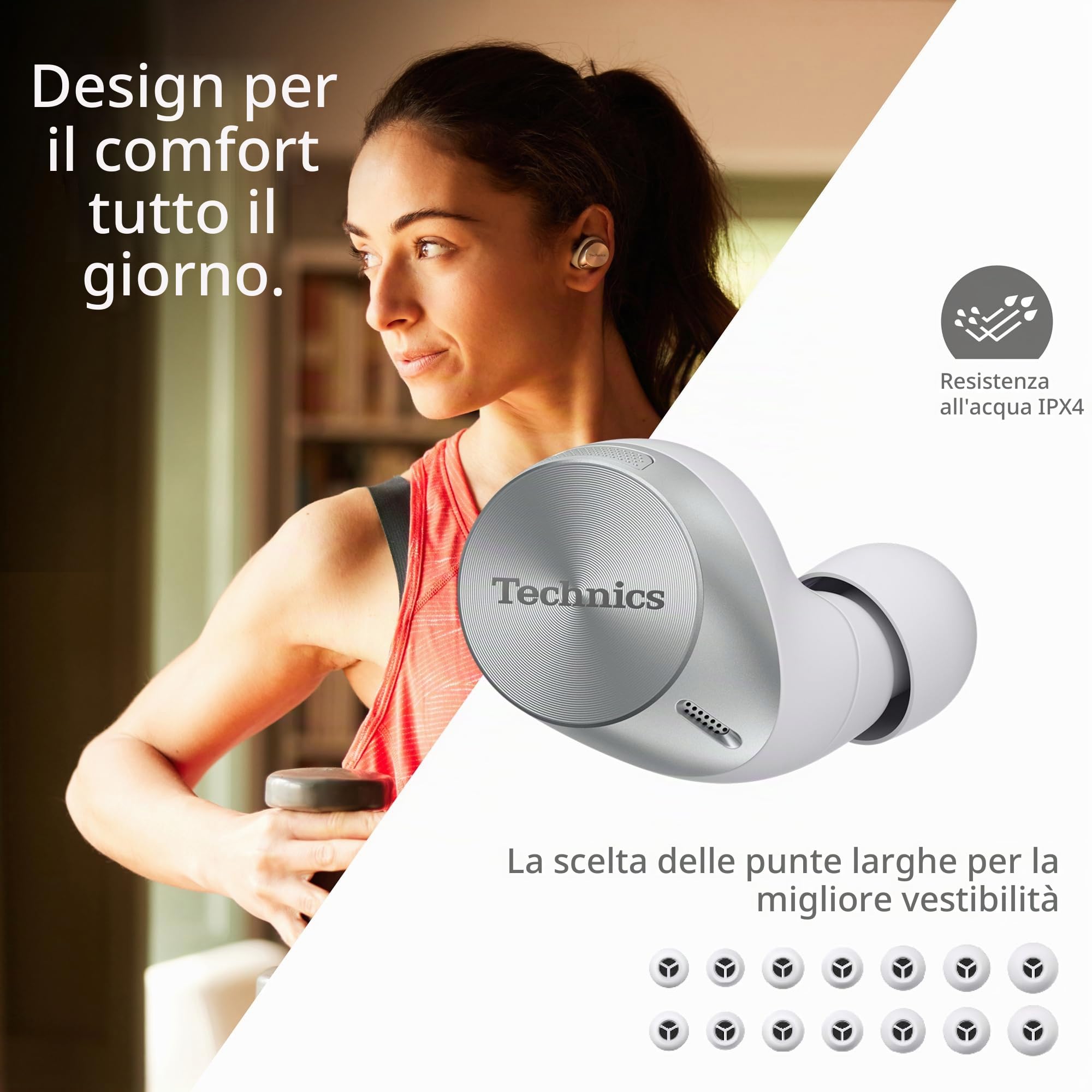 Technics EAH-AZ60M2ES Auricolari Wireless con Noise Cancelling, Bluetooth Multipoint 3 Dispositivi, Auricolari In-Ear, Cuffie con Microfono Integrato, Adattabili, Argento