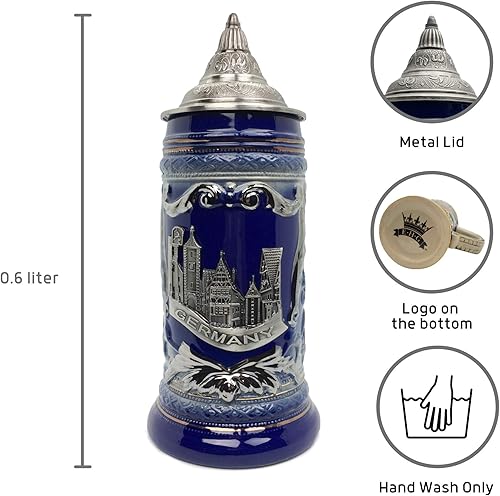 Miniatura 2 de Essence of Europe Gifts E.H.G OktoberfestHaus - Jarra de cerveza alemana de Rothenburg con emblema de metal en un azul cobalto, jarra de cerámica