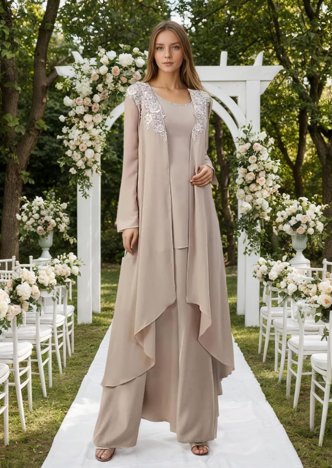 3-Teilig Festliche Elegant Hosenanzug Damen Chiffon Mit Spitzenstickerei - Hochzeitsgast Brautmutter Outfit Mit Jacke Langarm Hosenanzüge Formelle Abendgarderobe