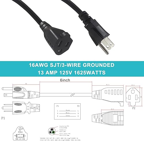 Miniatura 2 de Paquete de 3 Cable de extensión de alimentación corto de 6 pulgadas, mini cable de extensión negro de 3 clavijas para interiores, cable de extensión