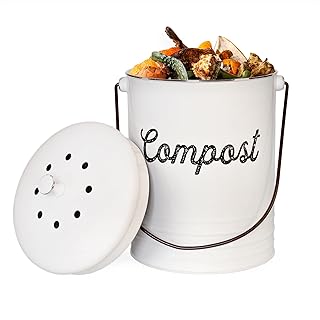 AuldHome Design Kitchen Compost Bin for Countertop | 1.3 Gallon Composting Bucket with Lid | Includes 3 Charcoal Filters | (White Enamel)
