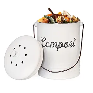 AuldHome Design Kitchen Compost Bin for Countertop | 1.3 Gallon Composting Bucket with Lid | Includes 3 Charcoal Filters | (White Enamel)