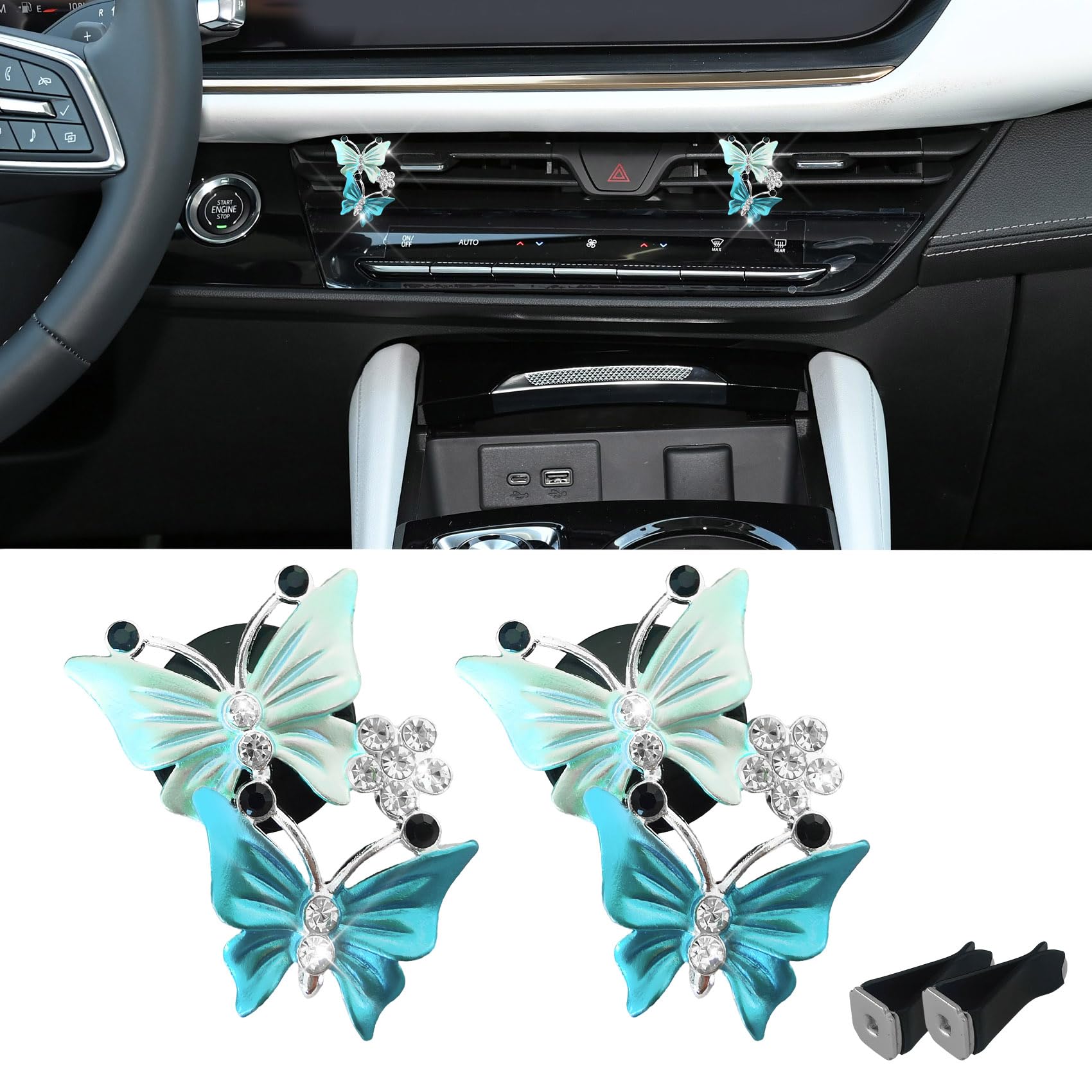 2PCS Car Air Fresheners Vent Clips, Butterfly Car Accessories, Sparkly Bling Dual Butterfly Auto Air Vent Clips, Automotive Cute Air Conditioning Outlet Decoration Universal for Women Girl