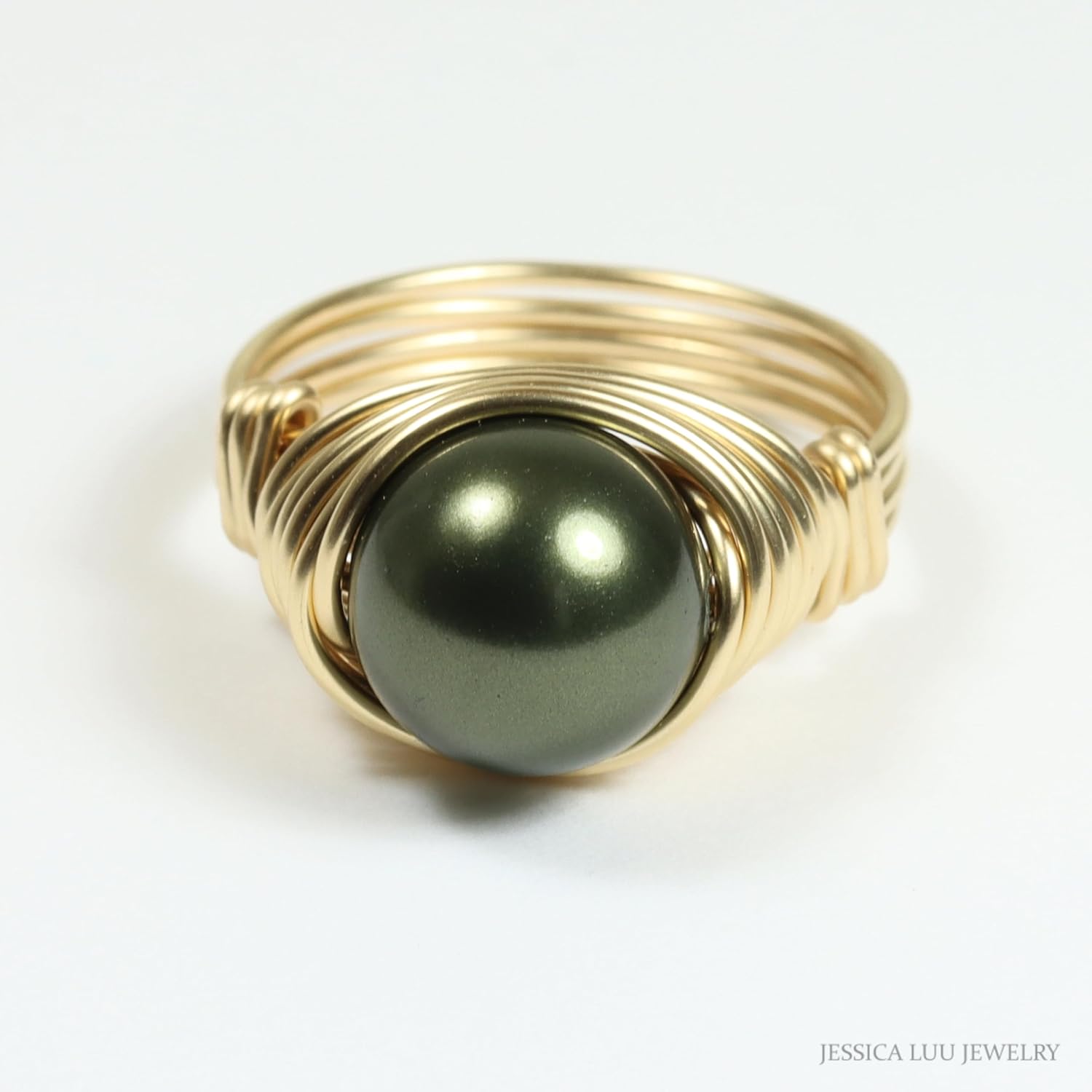 JESSICA LUU JEWELRY Handmade Pearl Ring, 10mm Dark Olive Green, 14K Gold Filled Wire Wrapped, Custom Size