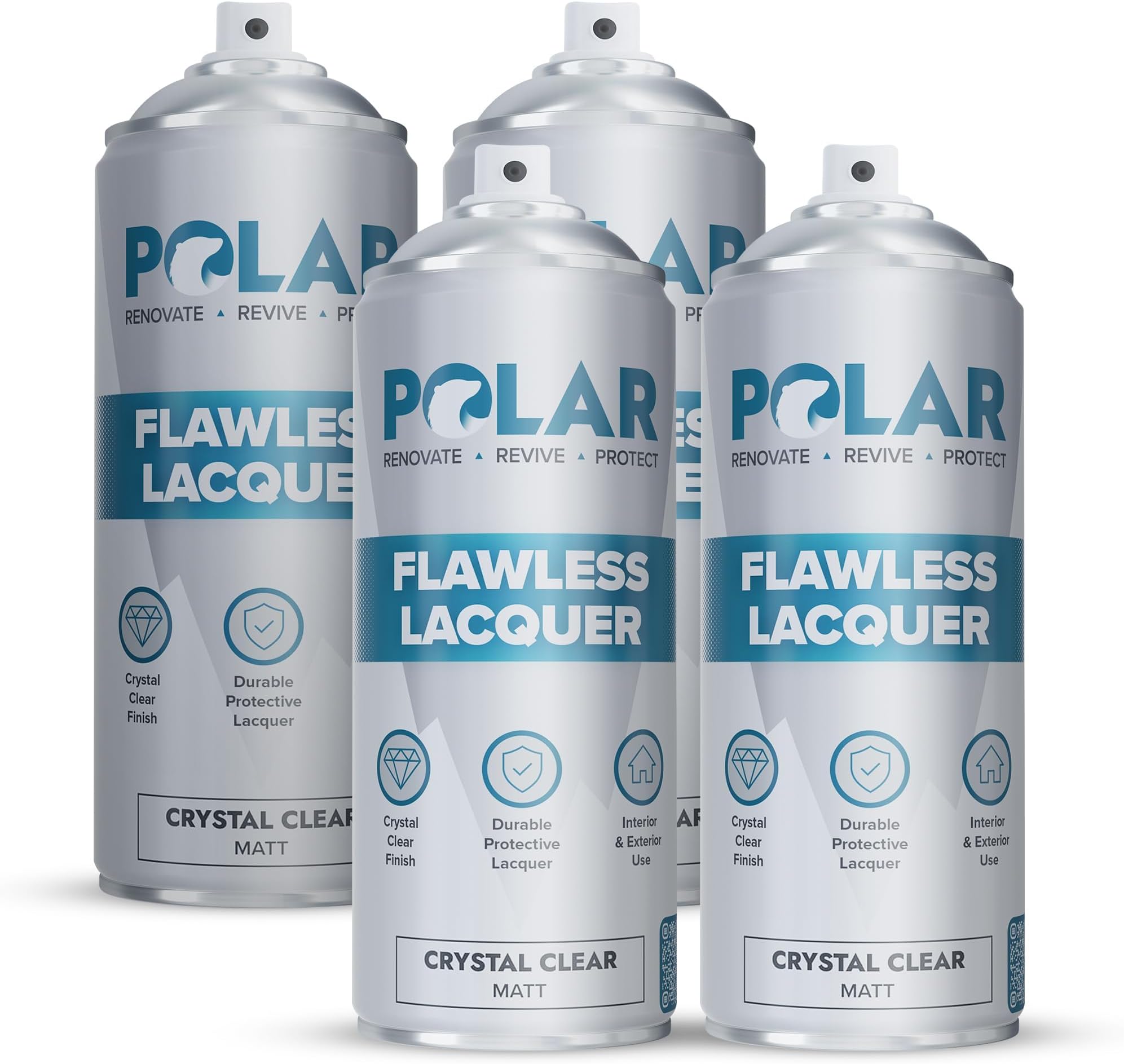 Polar Clear Matte Flawless Lacquer Spray - 4 x 13.5 Fl Oz - Clear Coat Spray Paint - Non-Yellowing & Scratch Resistant - Interior & Exterior Surfaces for Wood, Metal, Plastics, Glass & Ceramics
