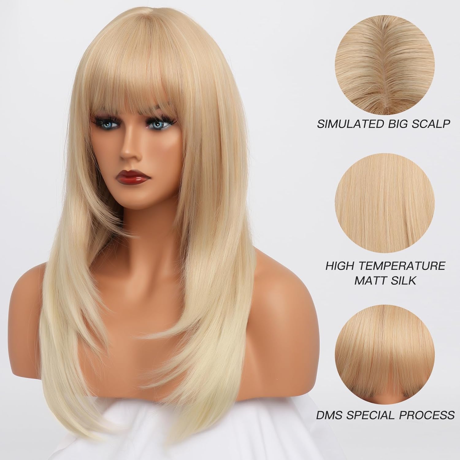613 Blonde Wig With Bangs Long Wavy Straight Wig with Layered Hair Synthetic Heat Resistant Wigs for Women Daily Party Use 26 Inches