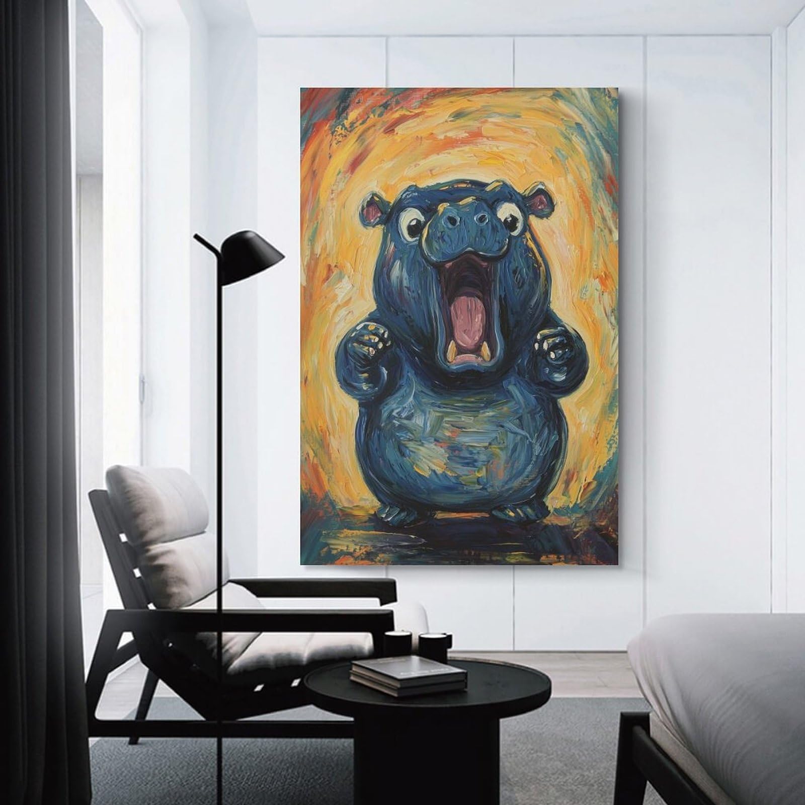 Junmoney Screaming Hippo Painting Home Decor Wall Art 08x12inch(20x30cm), for Living Room, Lounge Or Sitting Room, A Home Accent with Warm Character