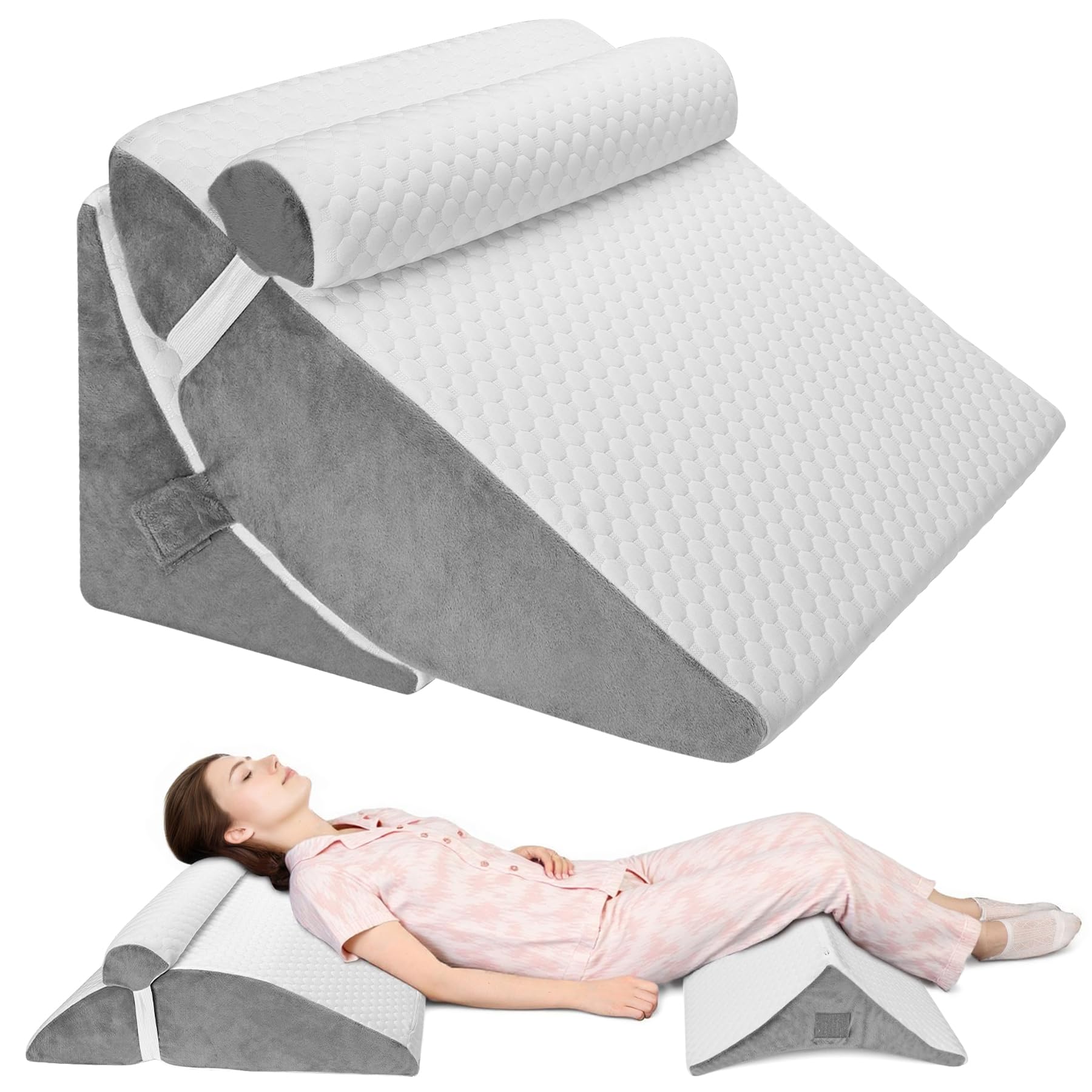 3-in-1 Orthopedic Bed Wedge Pillow Set for Sleeping, Folding Foam Triangle Pillow with Headrest for Leg Elevation, Sleep Apnea, Acid Reflux, Snoring, Adjustable Incline Cushion with Washable Cover