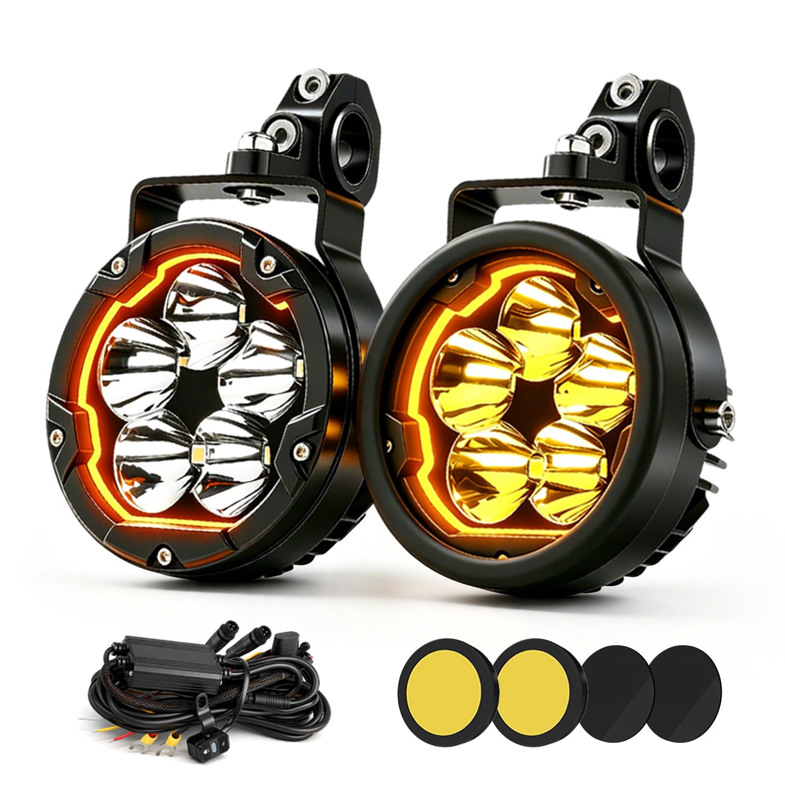 BraveWAY Phares Additionnels Moto 3,7 Pouces 70W 16000LM DRL Ambré Fonction Stroboscopique Faisceau Combin Caches Jaunes/Noirs Supports en U et Tubulaire Harnais de Câbles