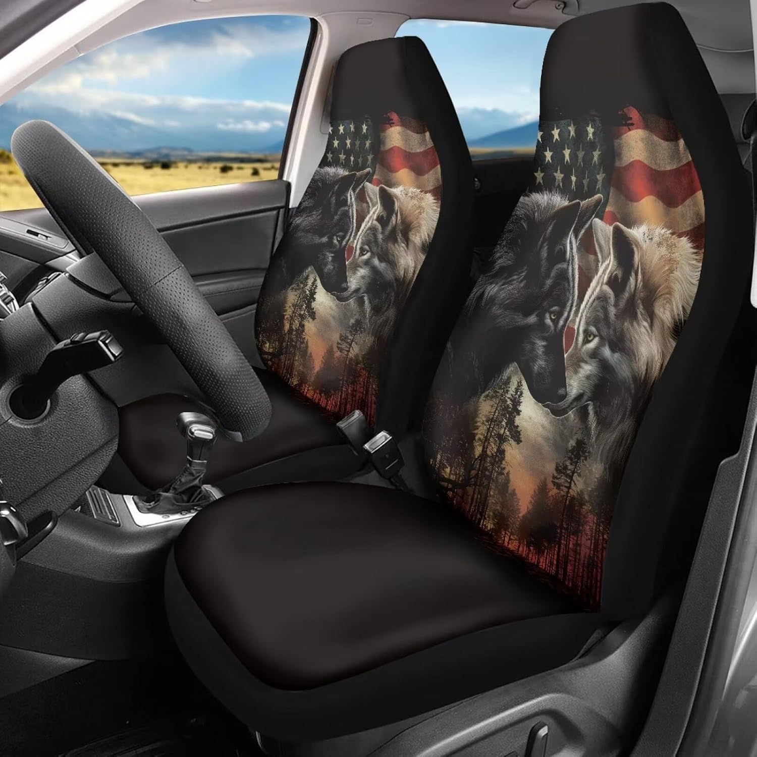 Talayituse Wolf Forest American Flag Print Car Seat Covers Set of 2 Front Bucket Seats Protector Auto Interior Accessories Decor Universal Fit for Car Truck