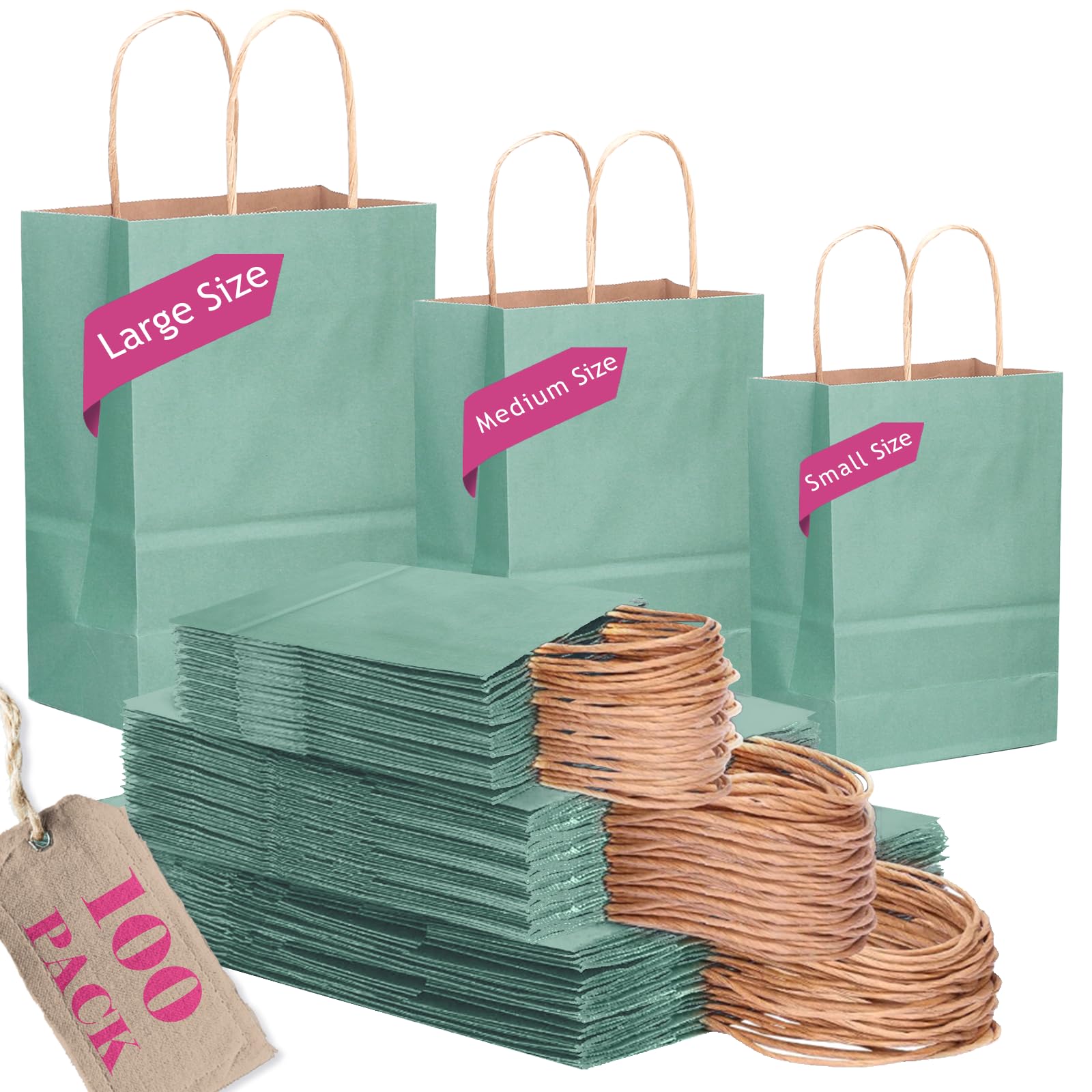 Gcardist Kraft Light Blue Paper Gift Bags with Handles Bulk 100Pcs Assorted Sizes (Large-33Pcs, Medium-33Pcs, Small-34Pcs)