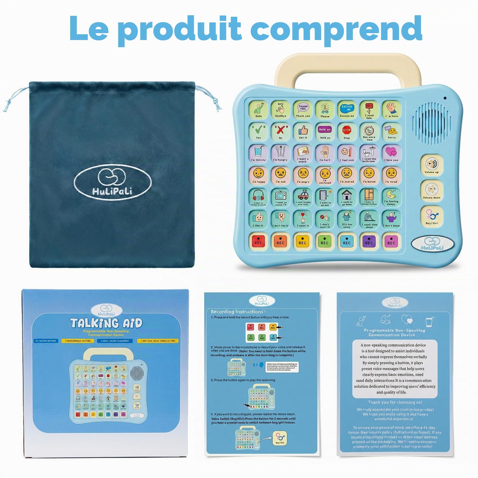 Appareil AAC pour autisme, tablette de communication avec 52 boutons à code couleur, support de poignée pliable, interrupteur vocal pour garçon/fille, 7 boutons d'enregistrement pour enfants non