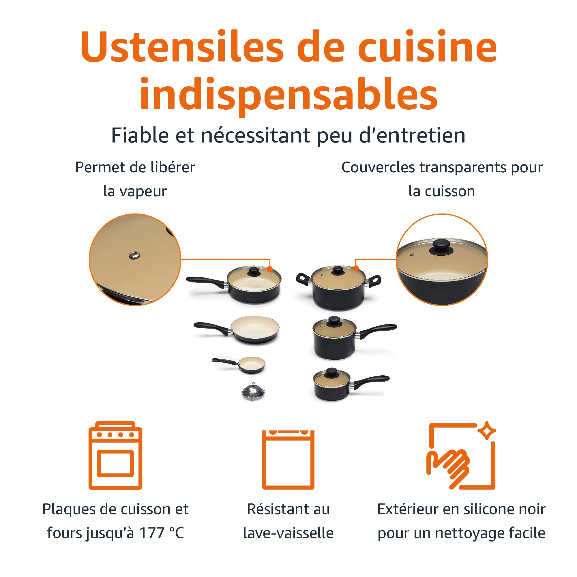 Amazon Basics 11 pièces ustensiles avec casseroles et poêles antiadhésives en céramique, noir et crème