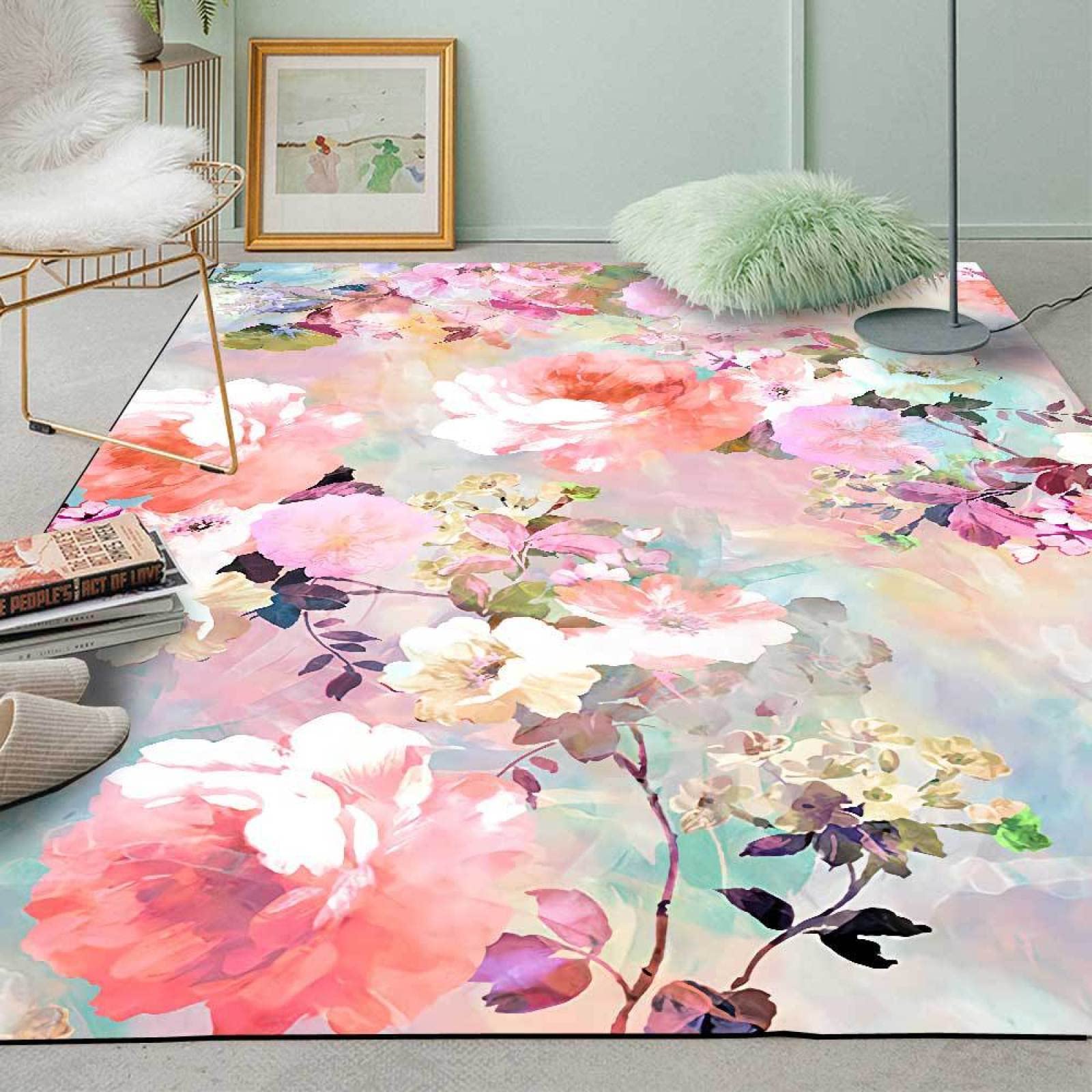 Tapis antidérapant lavable motif floral rose pour sécuriser votre salon