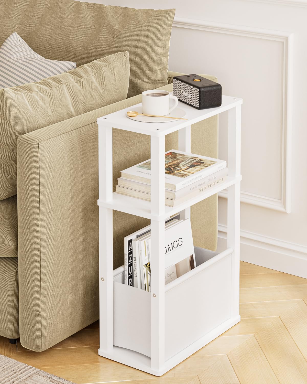 Beistelltisch Schmal mit Stauraum, Schmale Beistelltisch mit Beutel, 3-stufiger schmale Nachttisch, Kleiner Couchtisch für kleine Räume,Schlafzimmer,Wohnzimmer,Büro(Weiß)
