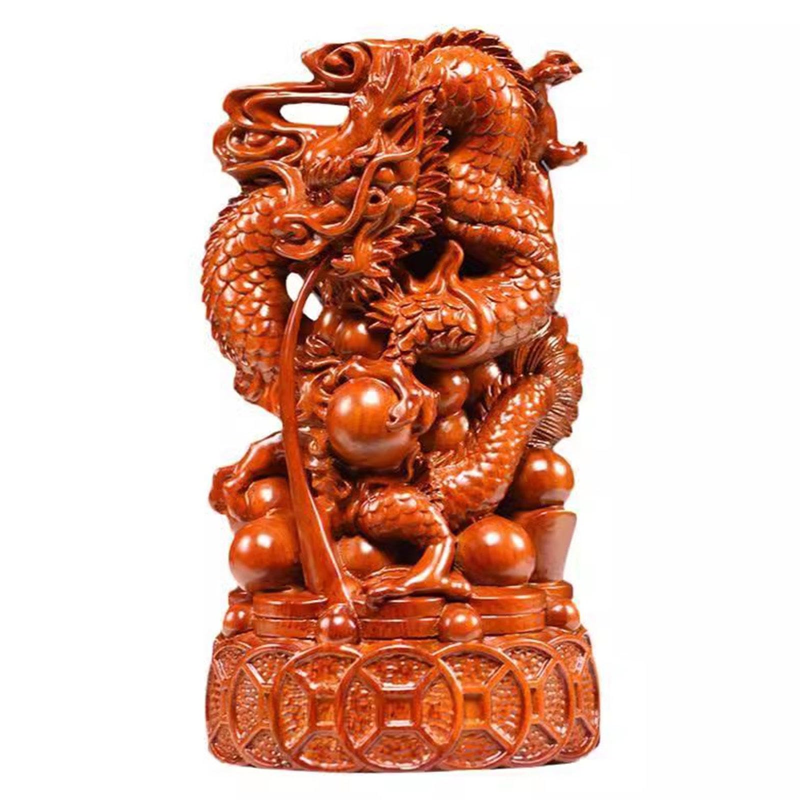 Statue de Dragon Chinois | Figurine de Dragon Fengshui | Figure Animale du Zodiaque en Bois | 2024 Année de La Sculpture du Dragon pour Attirer La Chance et La Richesse,Large