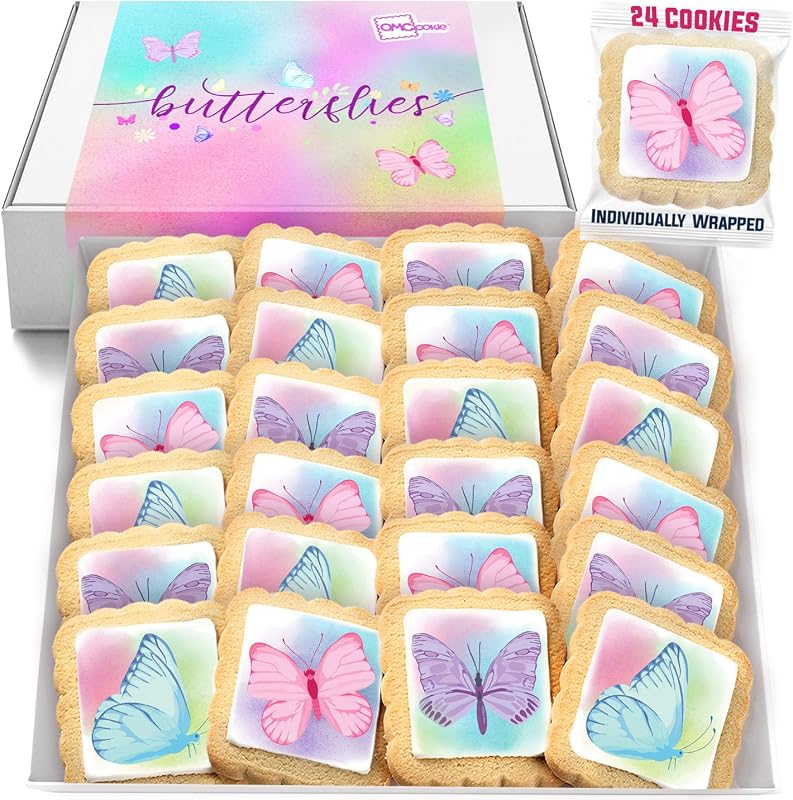 Galletas de mariposa, paquete de 24 regalos de fiesta decorados para cumpleaños | Galletas de azúcar envueltas individualmente | Cesta de regalo a granel sin maní ni nueces